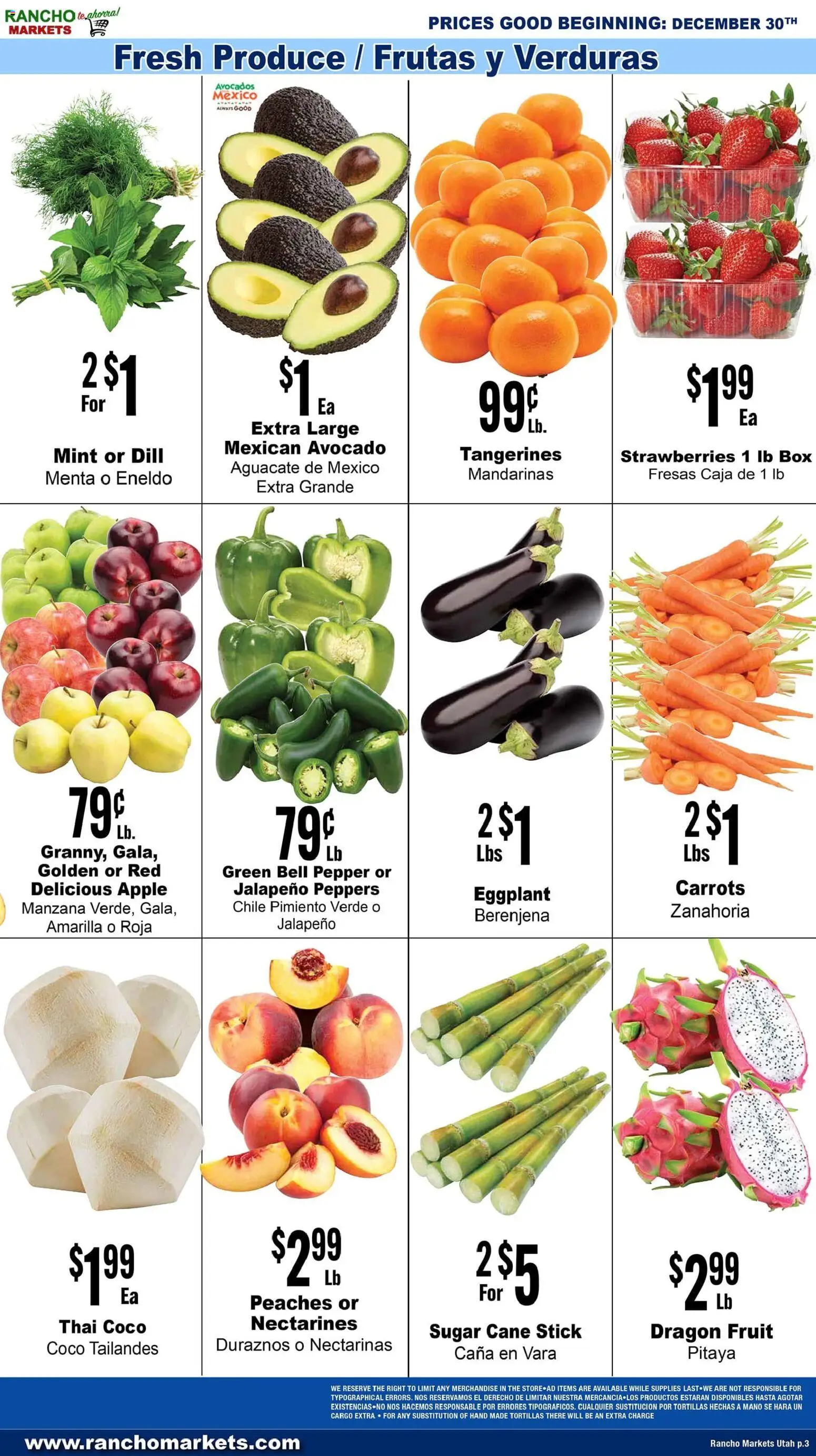 Rancho Markets Weekly Ad - valid from 30.12.2025 | Page: 3 | Products: Box, Tangerines, Sugar, Dill