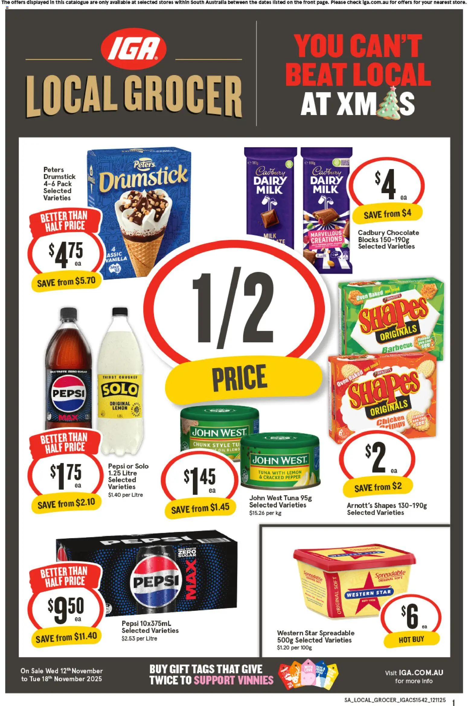IGA catalogue - valid from 12.11.2025 | Page: 1 | Products: Milk, Pepsi, Sugar, Tuna
