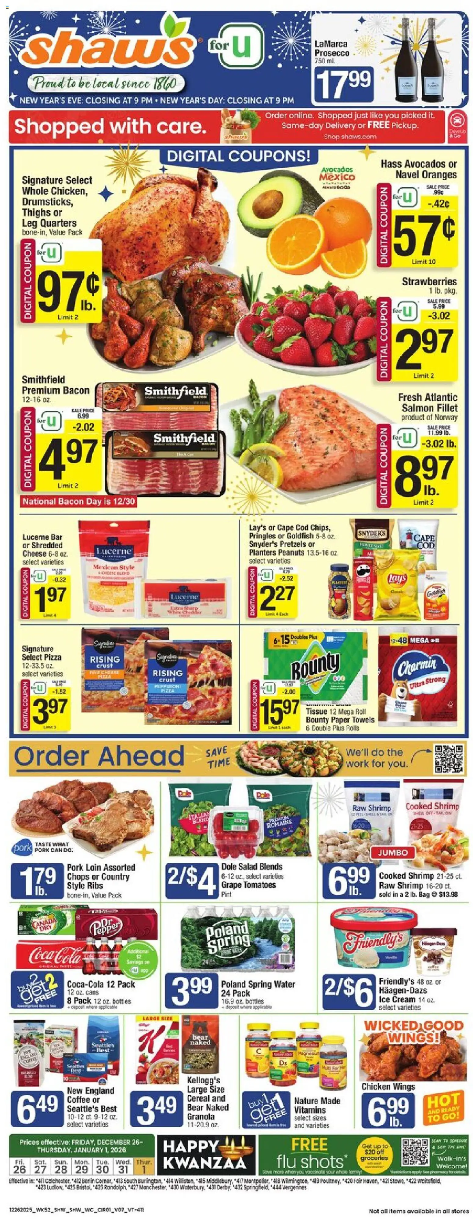 Shaw's Weekly Ad - VT - valid from 26.12.2025 | Page: 1 | Products: Pizza, Ice cream, Salad, Pepper
