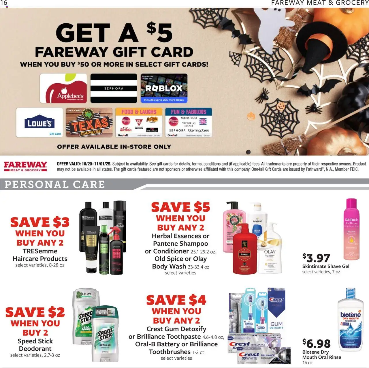 Fareway Weekly Ad - valid from 20.10.2025 | Page: 16 | Products: Shampoo, Conditioner, Deodorant, Body Wash