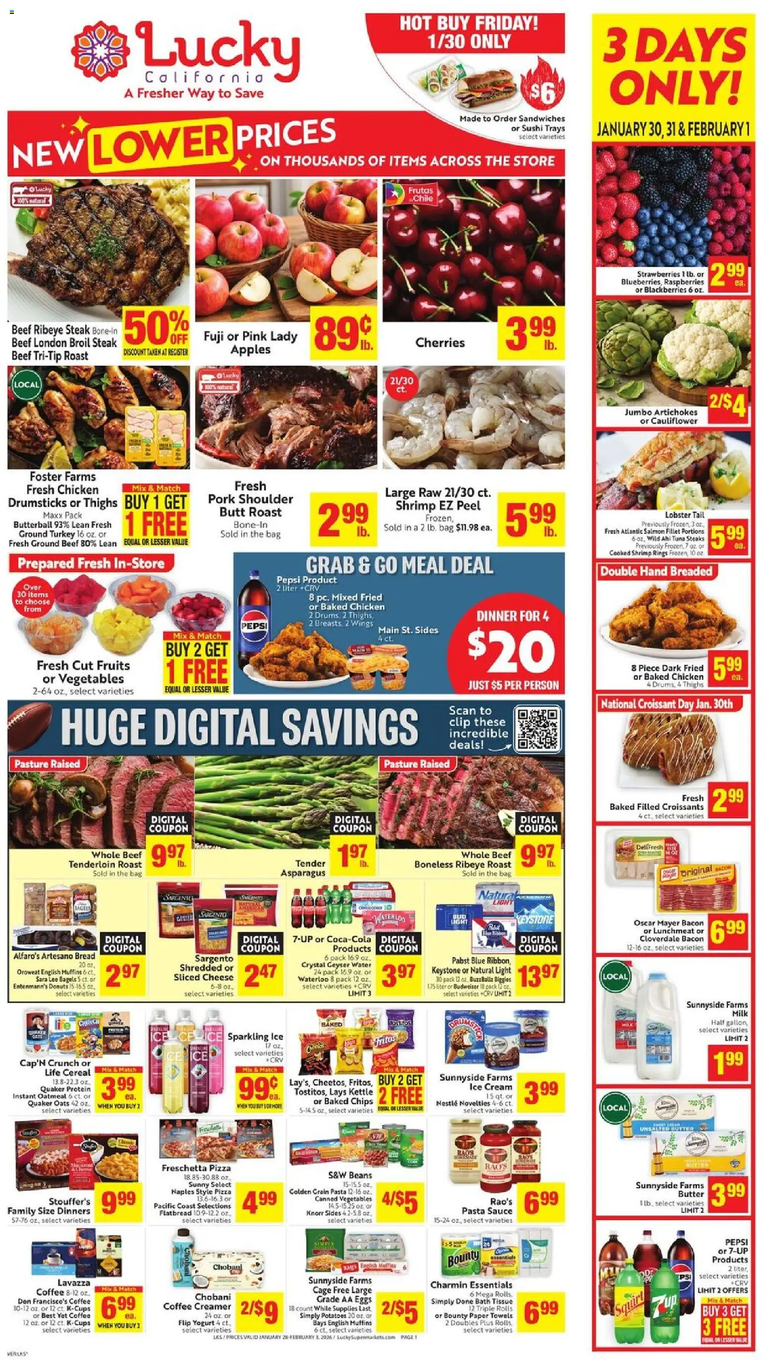 Lucky Supermarkets Weekly Ad - valid from 28.01.2026 | Page: 1 | Products: Pasta, Potatoes, Fruits, Croissants