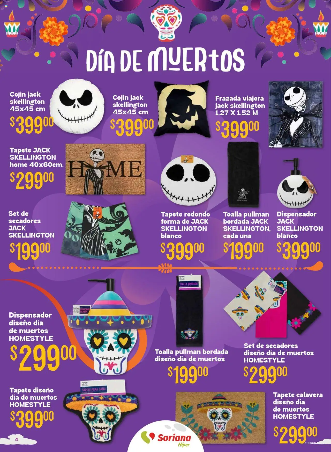 Nuevas ofertas de Soriana válidas en toda la República Mexicana desde el 25.09.2025. ¡Encuentra las mejores ofertas en Soriana - Halloween y Día de Muertos Híper Nacional! | Página: 4 | Productos: Toalla, Baño, Tapete