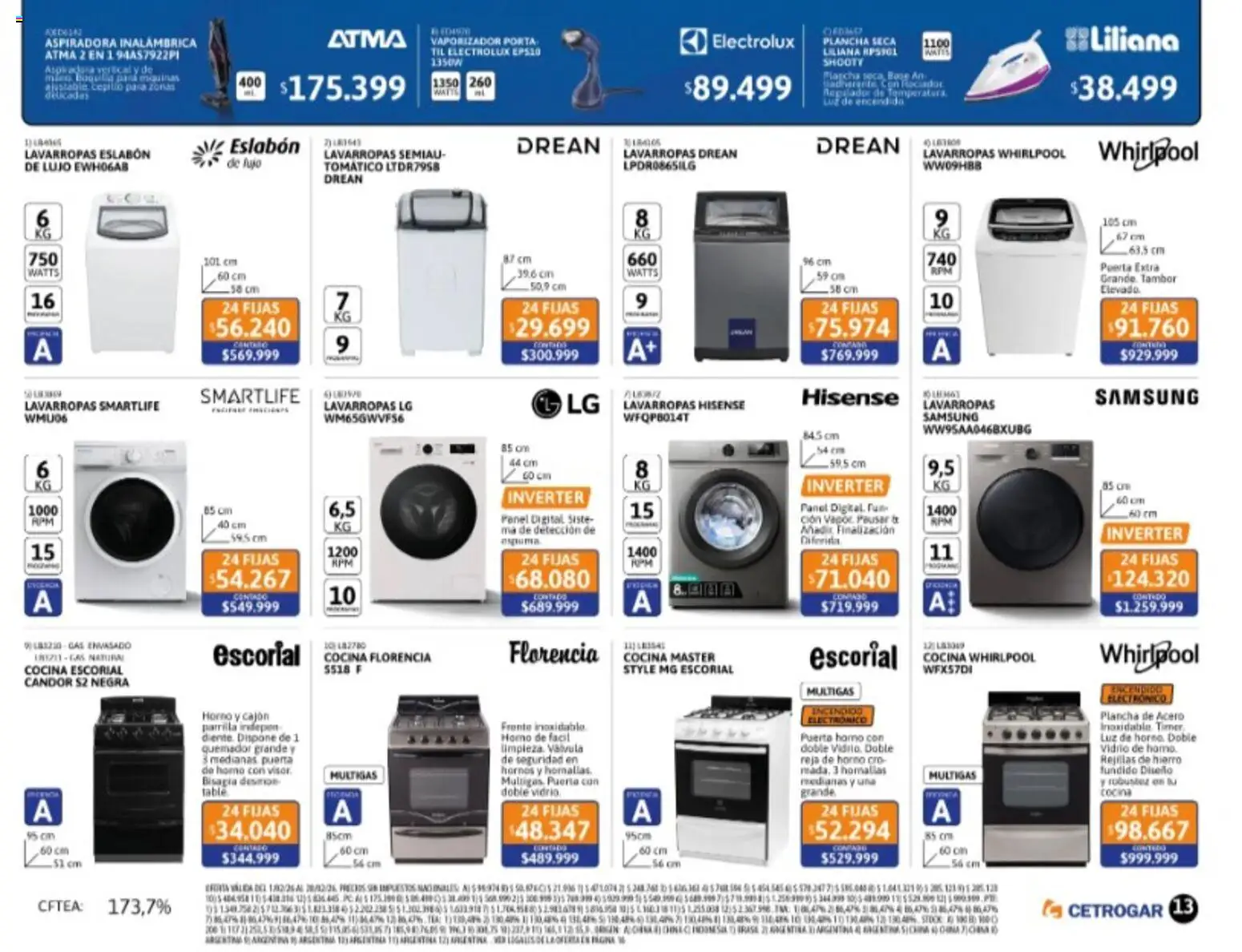 Cetrogar catálogo │ válido desde el 01.02.2026 | Página: 13 | Productos: Horno, Aspiradora, Bisagra, Lavarropas