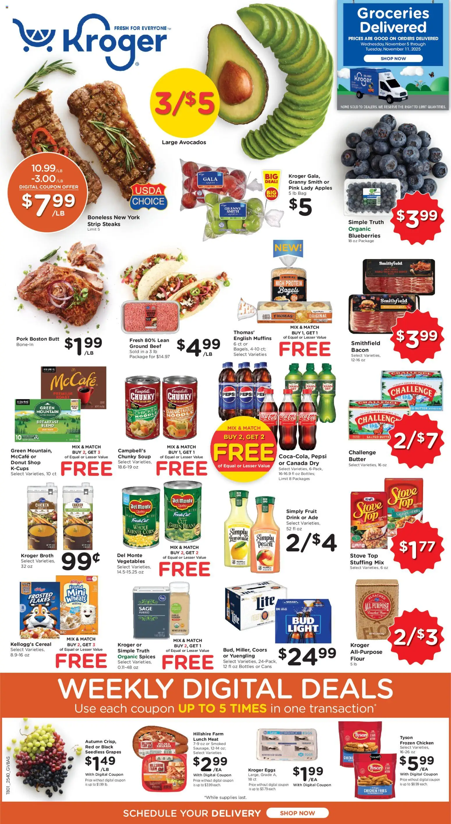 Kroger Ad - valid from 05.11.2025 | Page: 1 | Products: Corn, Ham, Vegetables, Blueberries