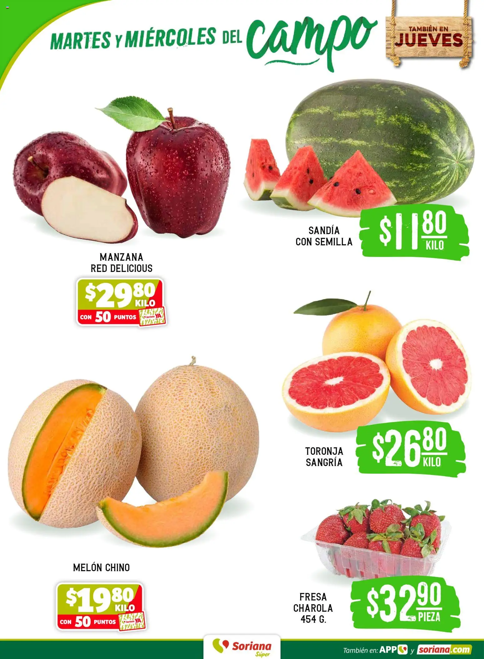 Nuevas ofertas de Soriana válidas en toda la República Mexicana desde el 14.04.2026. ¡Encuentra las mejores ofertas en Soriana Martes y Miércoles del Campo Súper: Juárez! | Página: 2 | Productos: Sandía, Melón, Manzana, Toronja