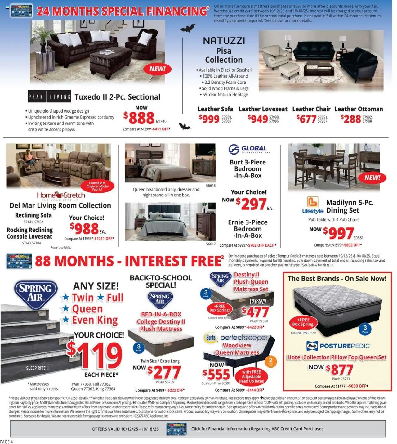 ABC Warehouse Weekly Ad - valid from 12.10.2025 | Page: 4 | Products: Box, Loveseat, Cushion, Date