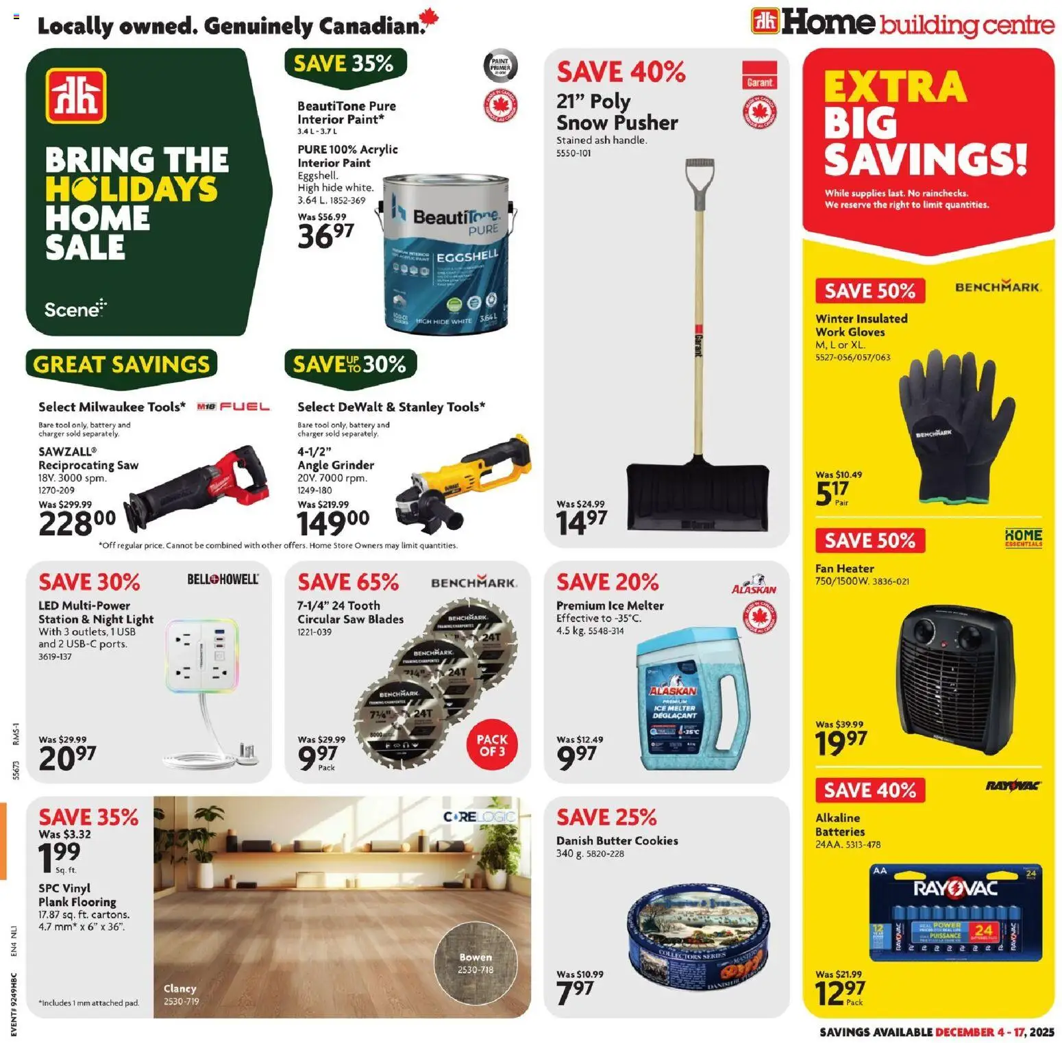 Home Hardware flyer valid from 04.12.2025 | Page: 1 | Products: Gloves, Grinder, Battery, Butter
