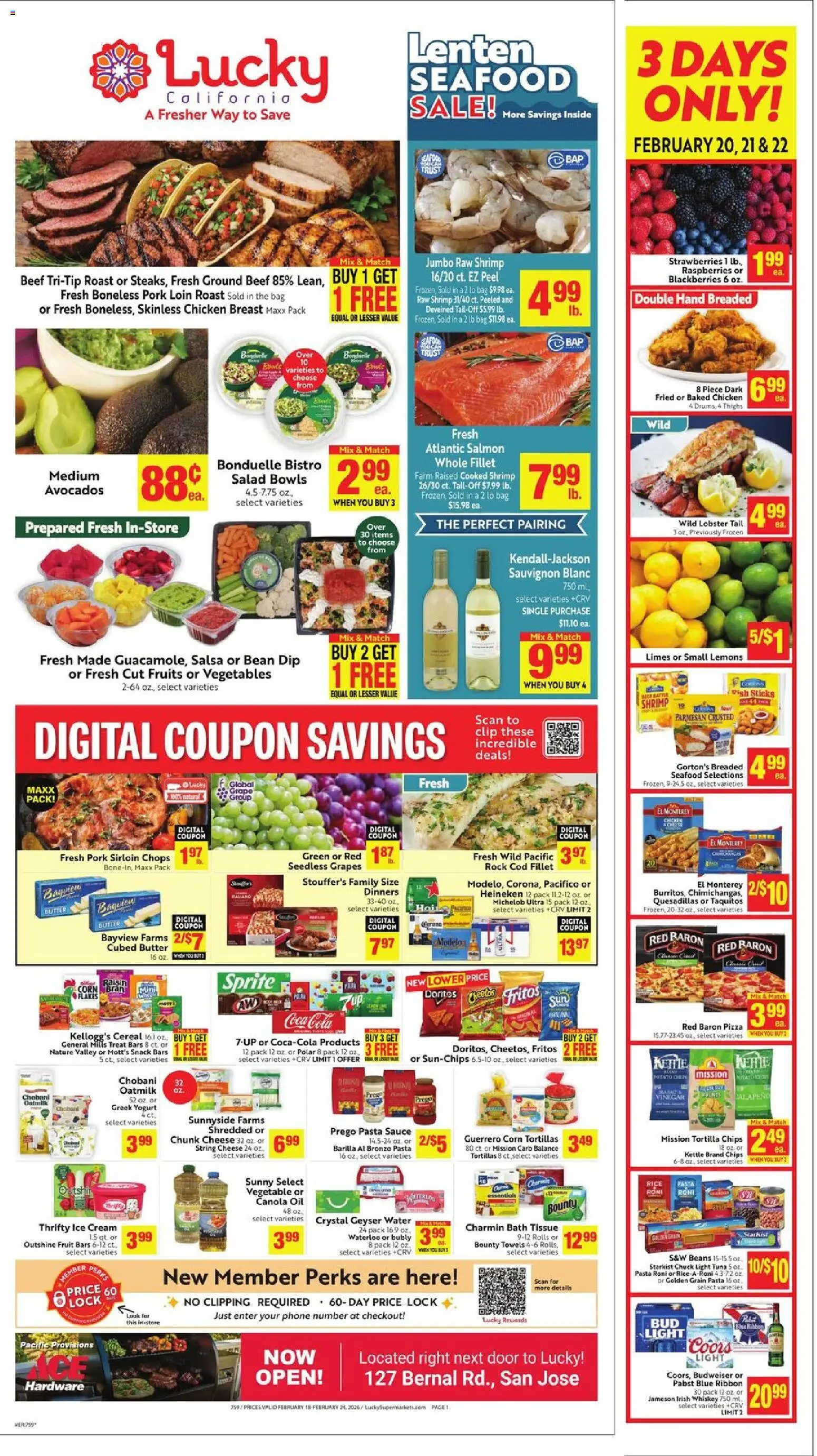 Lucky Supermarkets Weekly - CA - valid from 18.02.2026 | Page: 1 | Products: Corn, Cheese, Pork, Bag