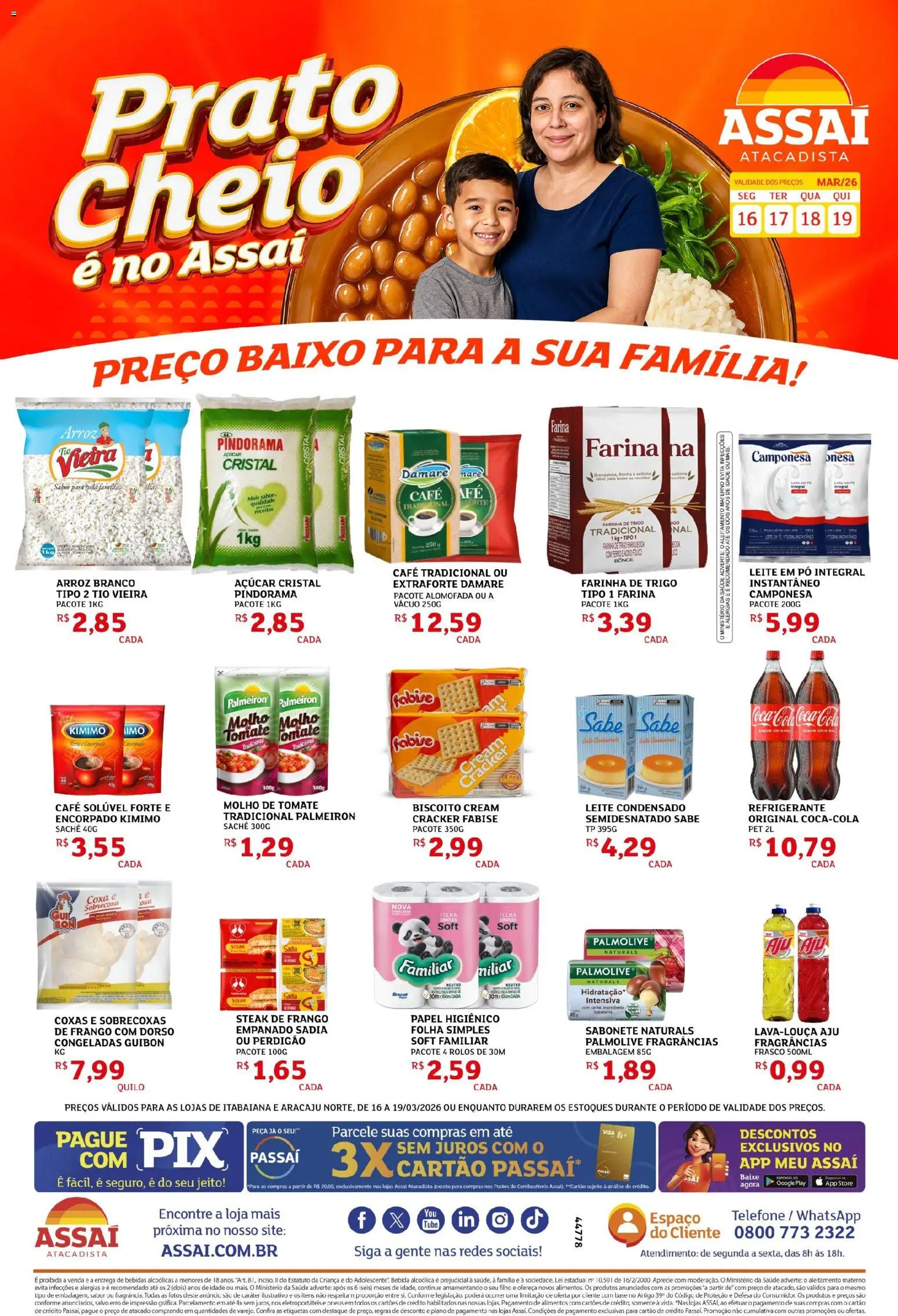 Assaí Atacadista Folheto - válido de 16.03.2026 | Página: 1 | Produtos: Biscoito, Bebida, Açúcar, Telefone