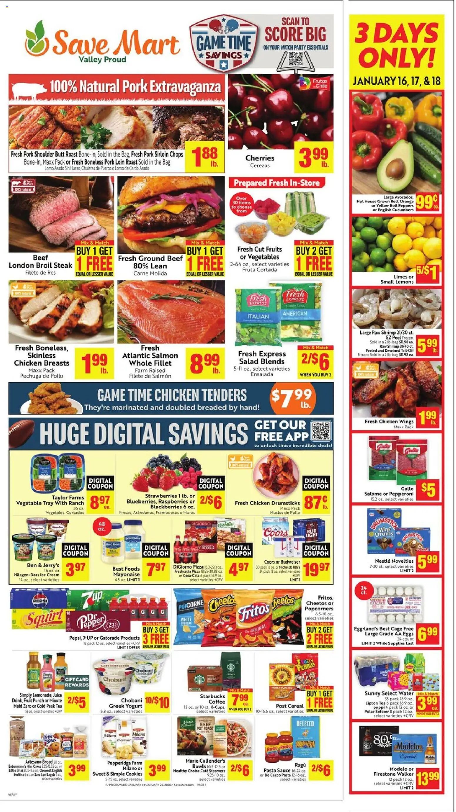 Save Mart Weekly Ad - valid from 14.01.2026 | Page: 1 | Products: Cherries, Yogurt, Coffee, Fruits