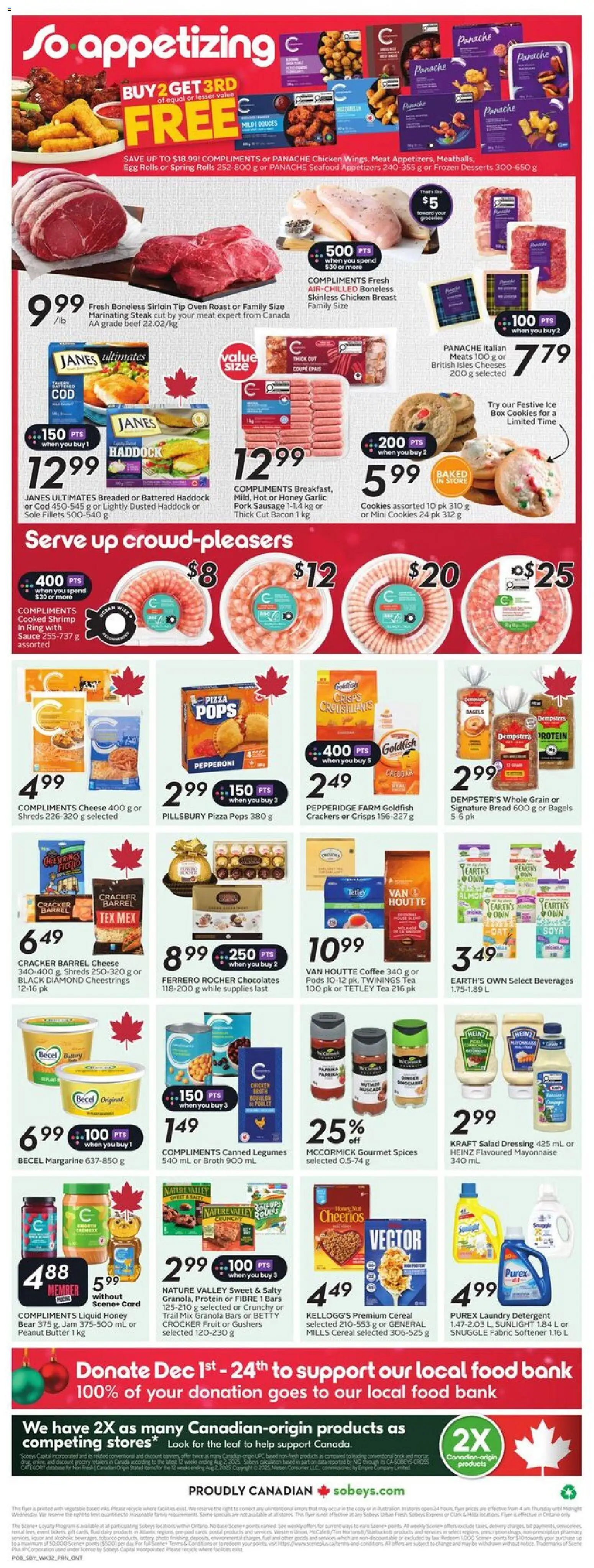 Sobeys flyer valid from 04.12.2025 | Page: 4 | Products: Fabric softener, Butter, Cheese, Pork