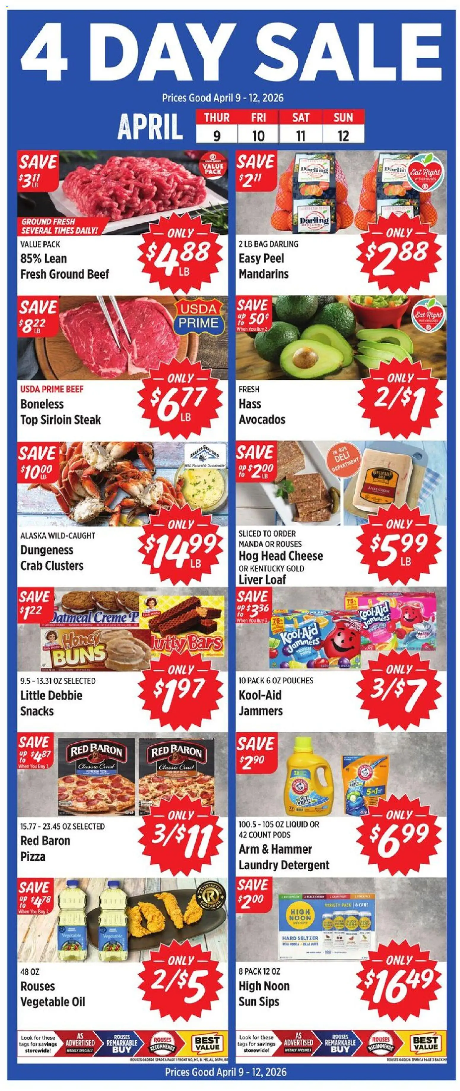 Rouses Weekly Ad - MS - valid from 08.04.2026 | Page: 2 | Products: Mandarins, Cheese, Pizza, Beef