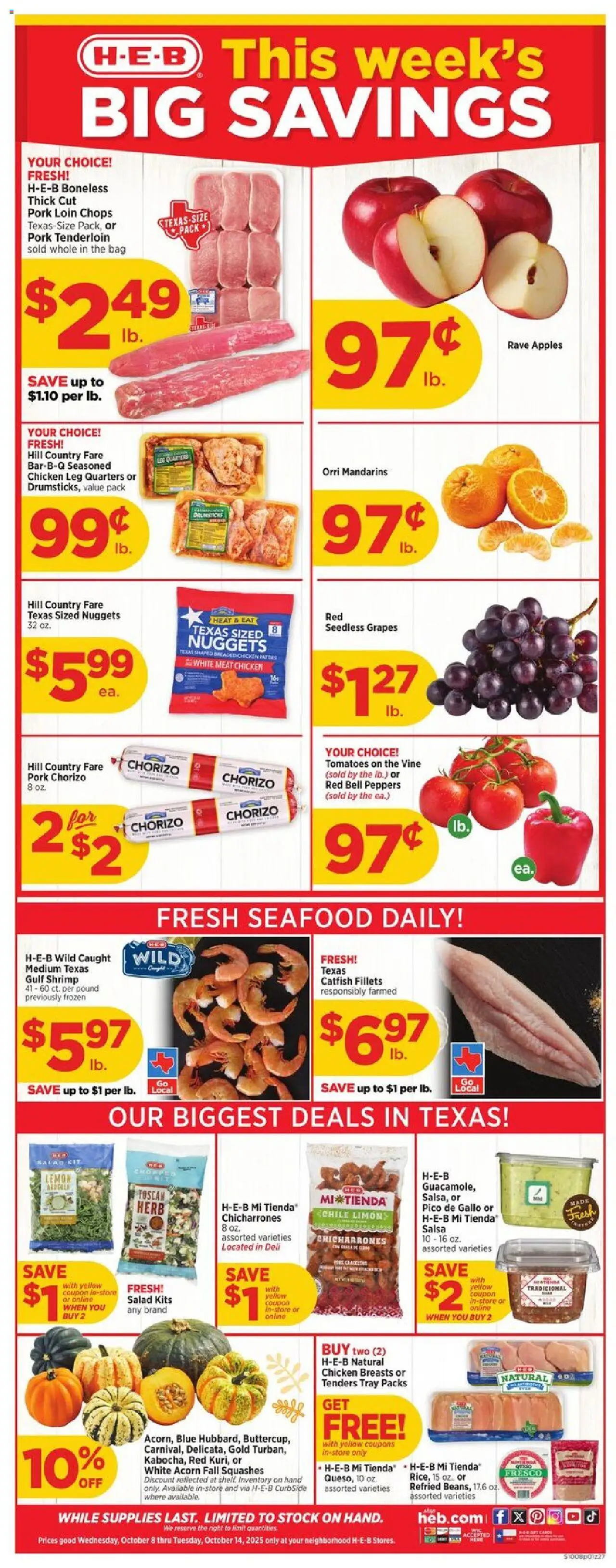 H-E-B Weekly Ad - valid from 08.10.2025 | Page: 1 | Products: Mandarins, Peppers, Salad, Grapes