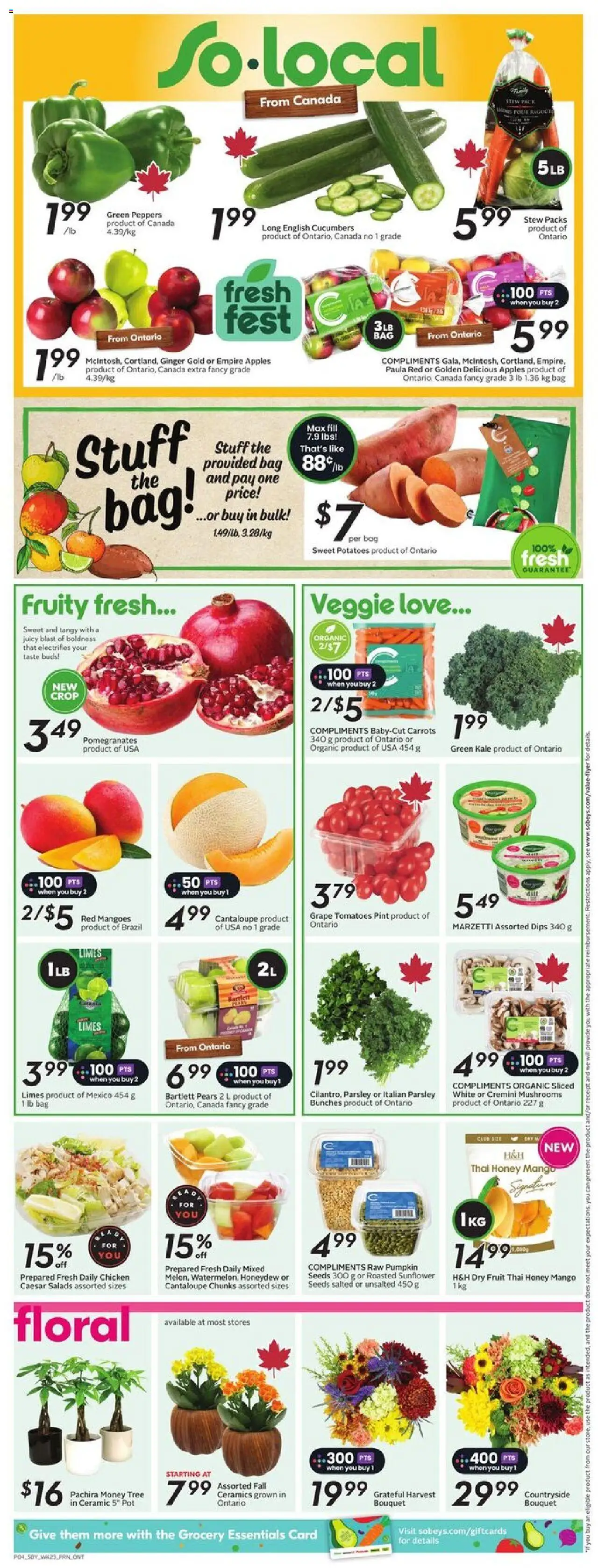 Sobeys flyer valid from 02.10.2025 | Page: 7 | Products: Cucumbers, Bag, Chicken, Tomatoes