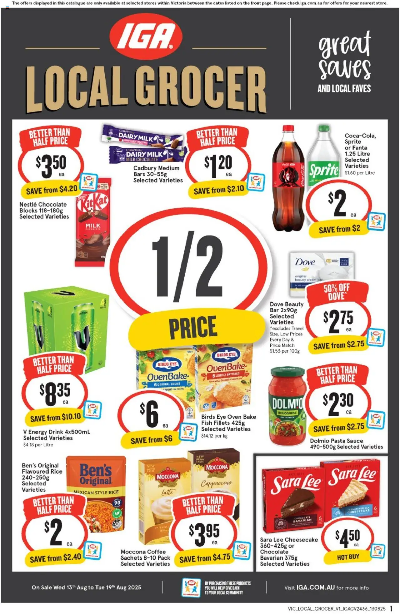 IGA catalogue - valid from 13.08.2025 | Page: 1 | Products: Milk, Energy drink, Chocolate, Fish