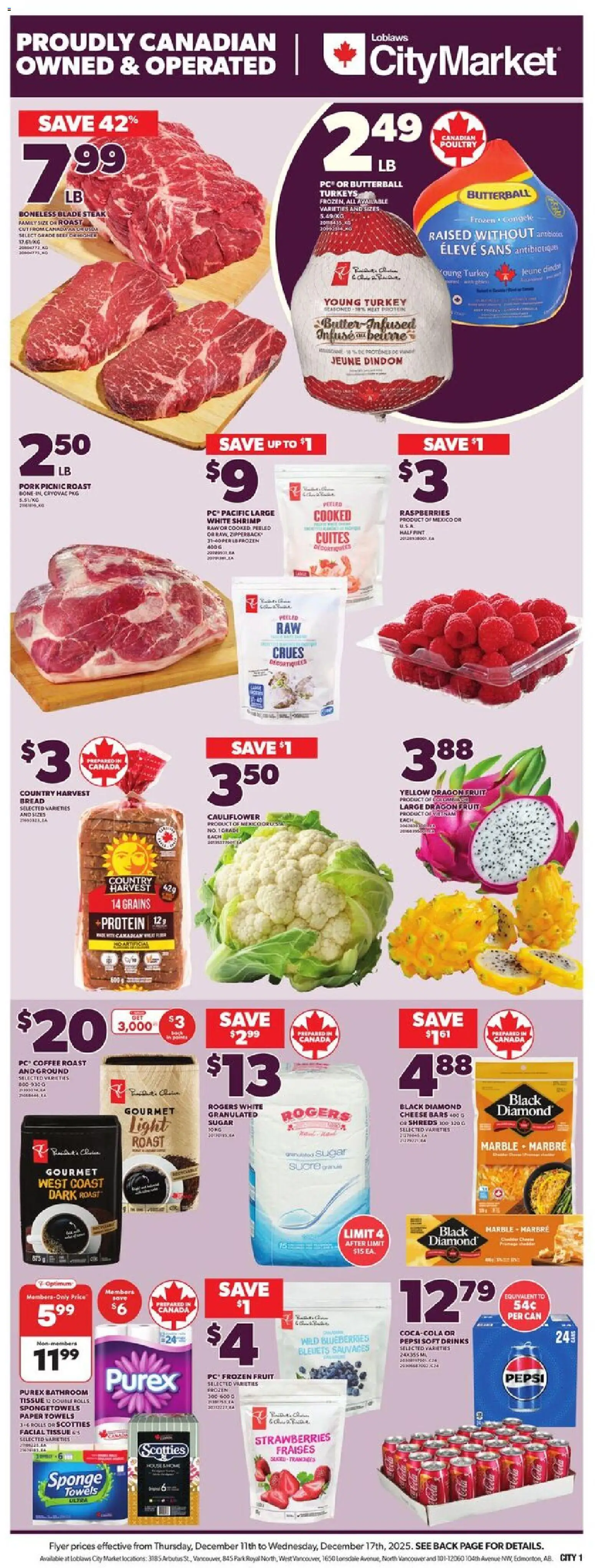 Loblaws flyer valid from 11.12.2025 | Page: 3 | Products: Strawberries, Turkey, Sponge, Pork