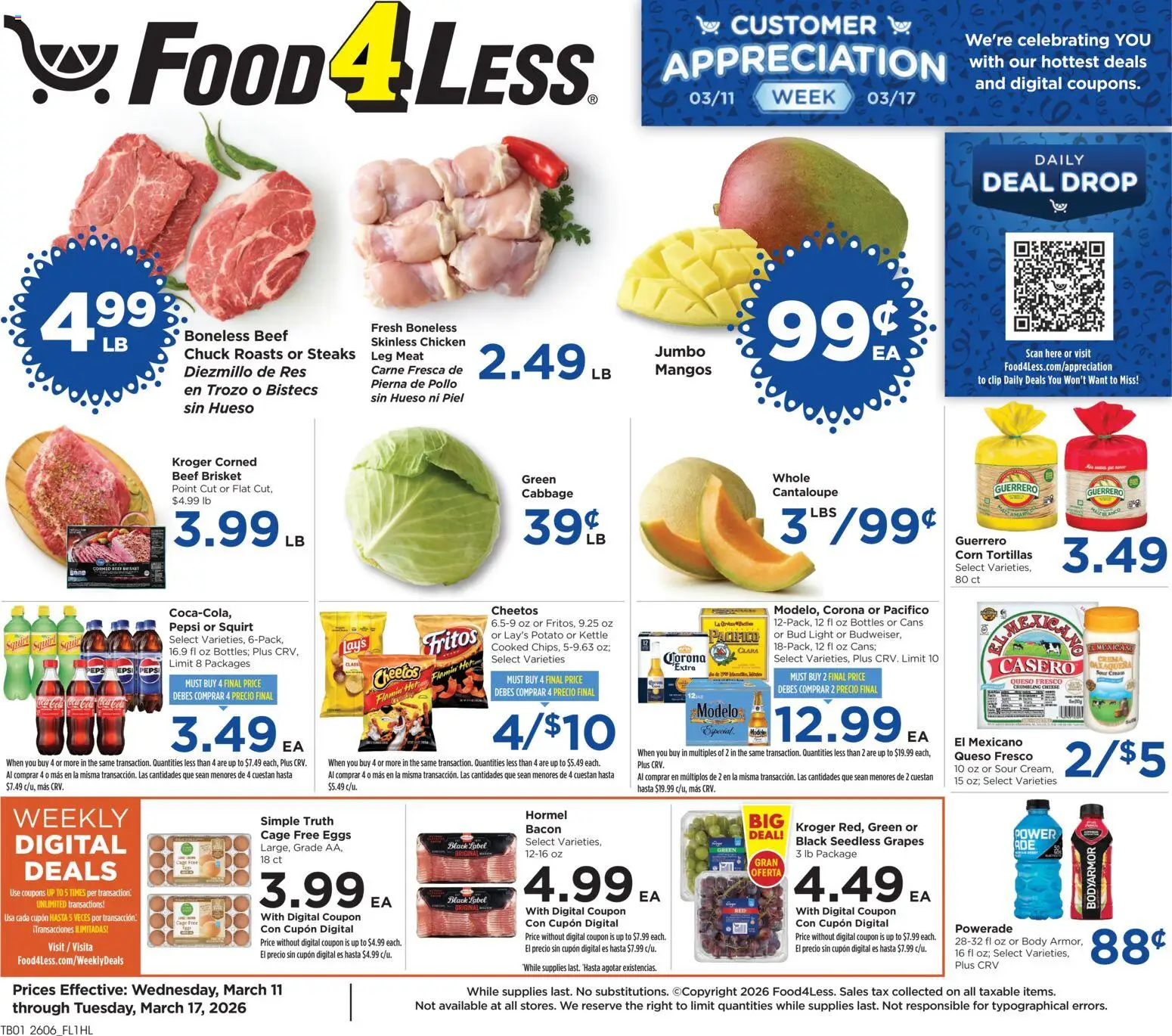 Food 4 Less Weekly Ad - valid from 11.03.2026 | Page: 1 | Products: Clip, Cheese, Sour cream, Grapes