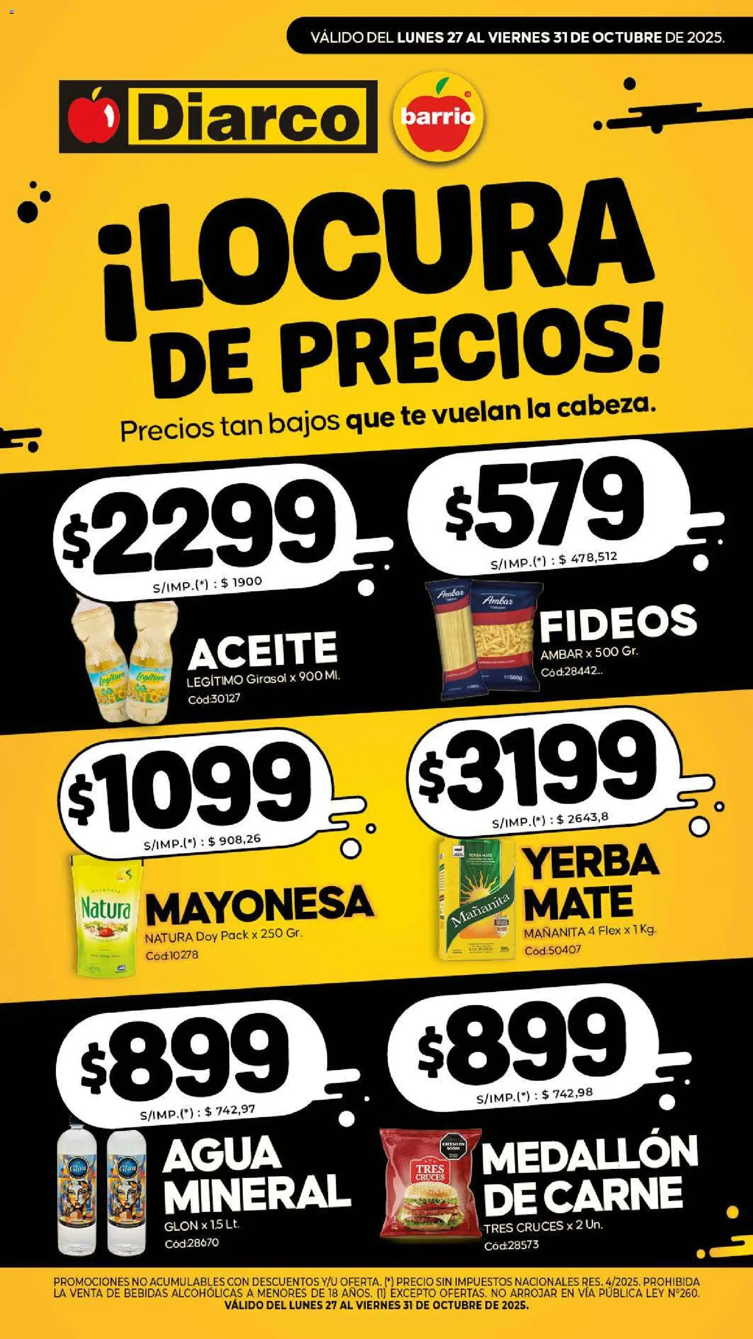 Diarco - Especial Precios Bajos │ válido desde el 27.10.2025 | Página: 1 | Productos: Mate, Aceite, Agua, Fideos