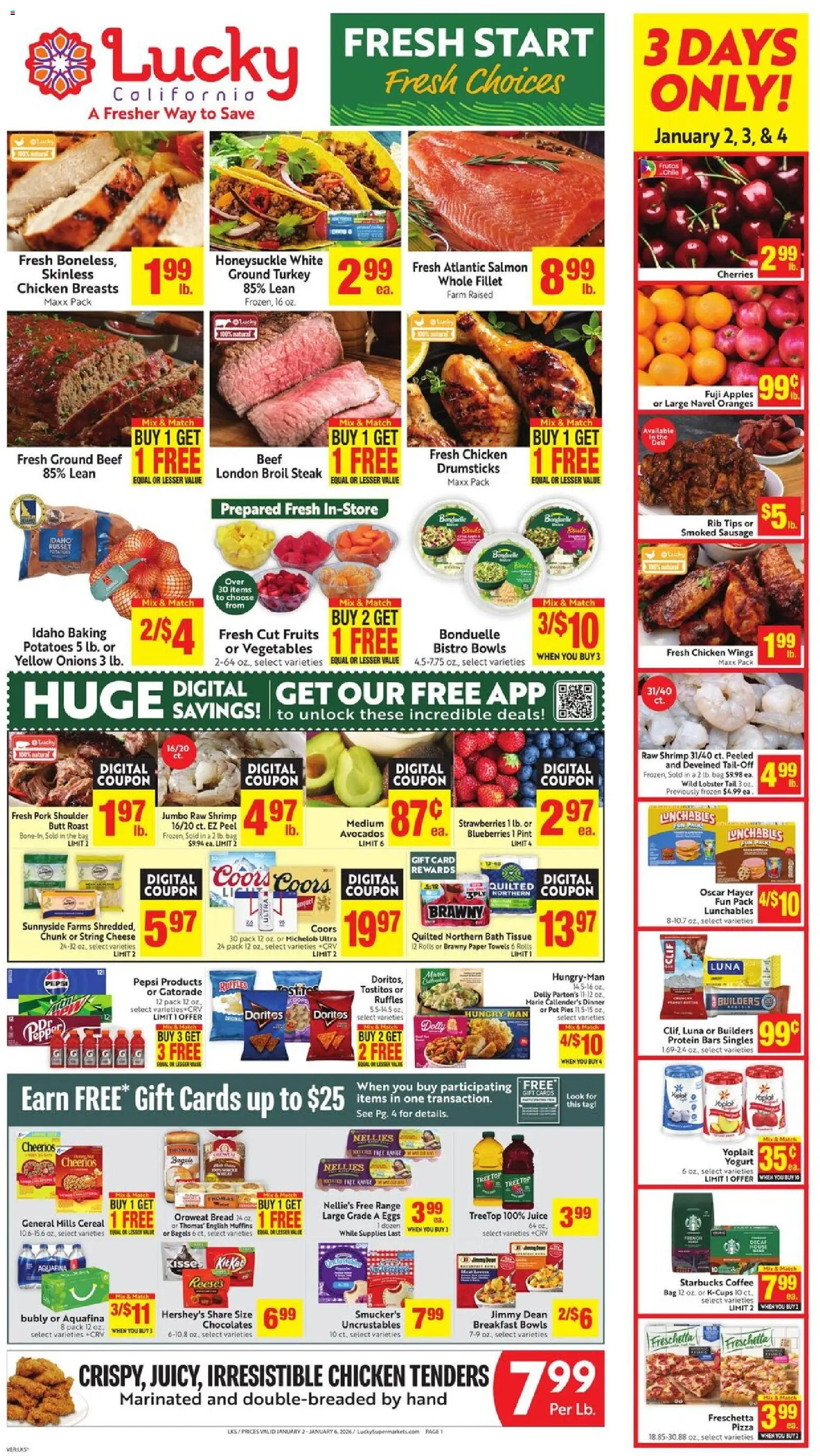 Lucky Supermarkets Weekly Ad - valid from 02.01.2026 | Page: 1 | Products: Cheese, Coffee, Apples, Sausage