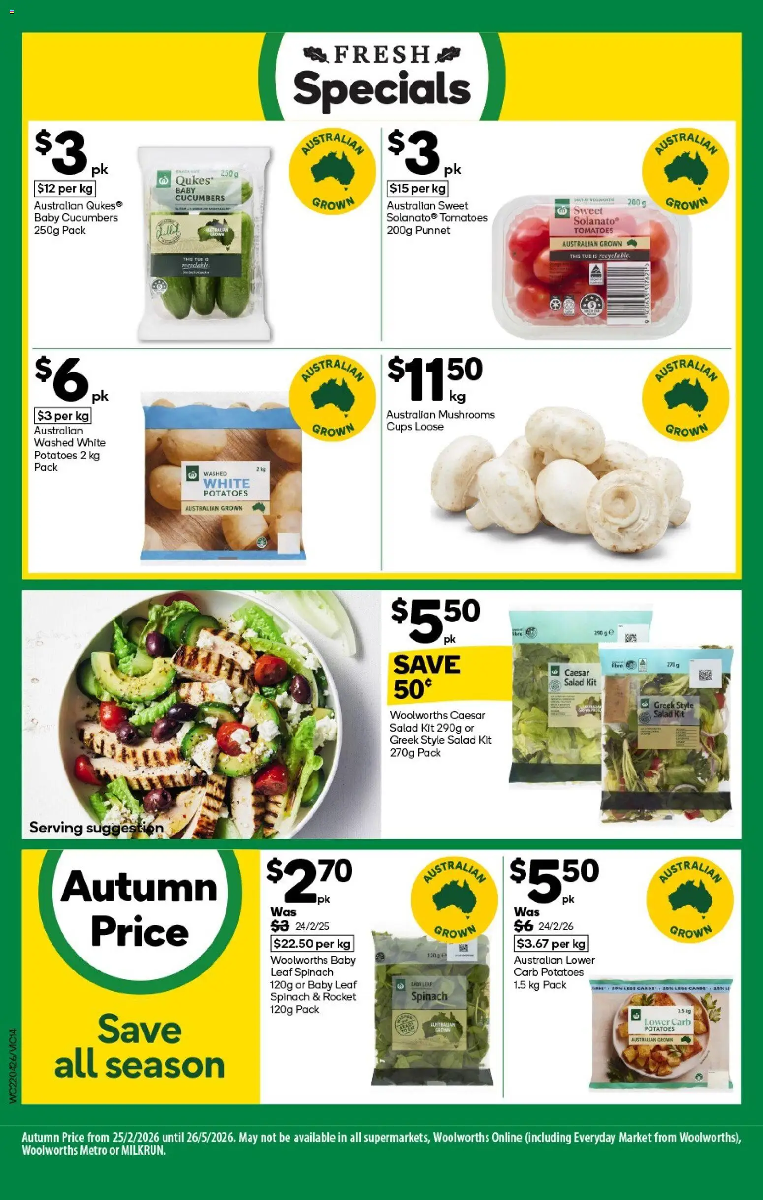 Woolworths catalogue - valid from 22.04.2026 | Page: 14 | Products: Tomatoes, Mushrooms, Rocket, Potatoes