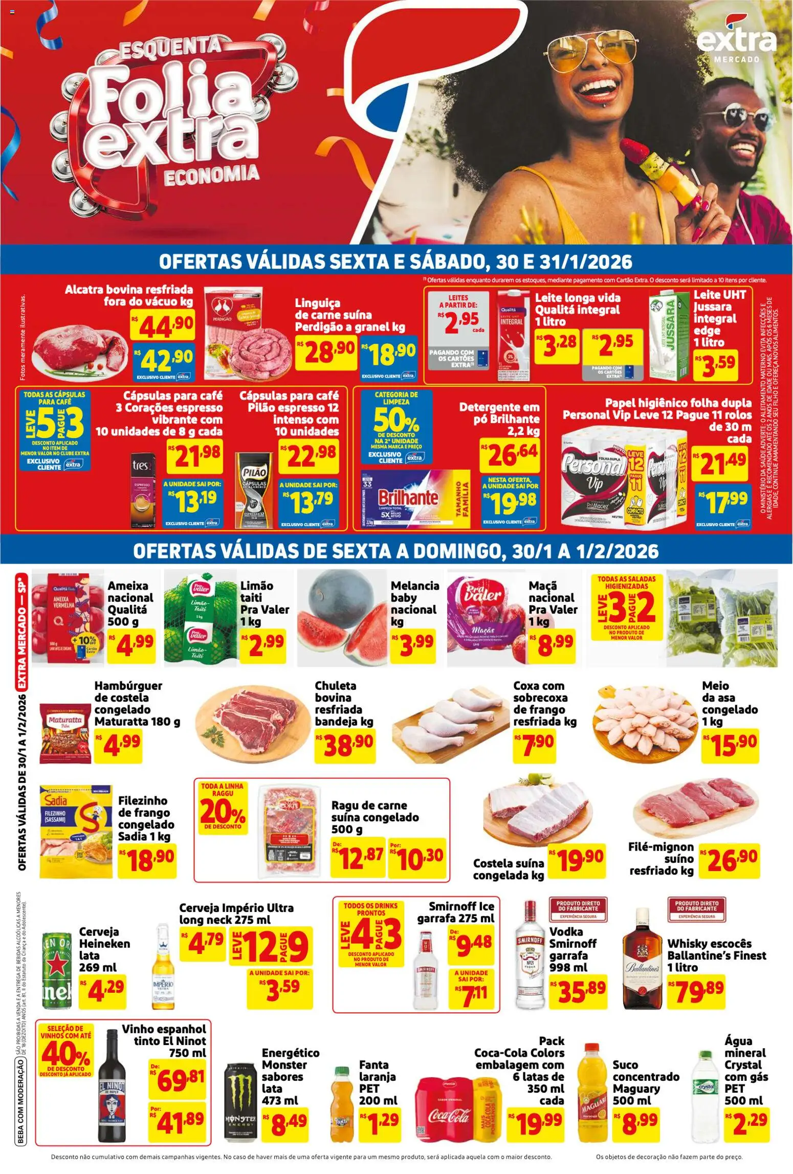 Extra Folheto - válido de 30.01.2026 | Página: 1 | Produtos: Cerveja, Carne, Hambúrguer, Papel higiênico