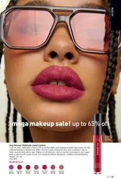 Preview of fmg Glimmer Mattitude Liquid Lipstick, Lock in vivid, saturated colour with a comfortable, non-drying formula that wears all day without fading or feathering. With vitamin E and a blend of olive and sunflower oils to help smooth and soften lips. Glides on effortlessly, delivering full coverage in one swipe with a velvety soft matte finish. Formulated without parabens, sulfates and phthalates. Vegan. 3.5 ml from shop Avon valid from 01.01.2026 | Page: 19 | Products: Lipstick