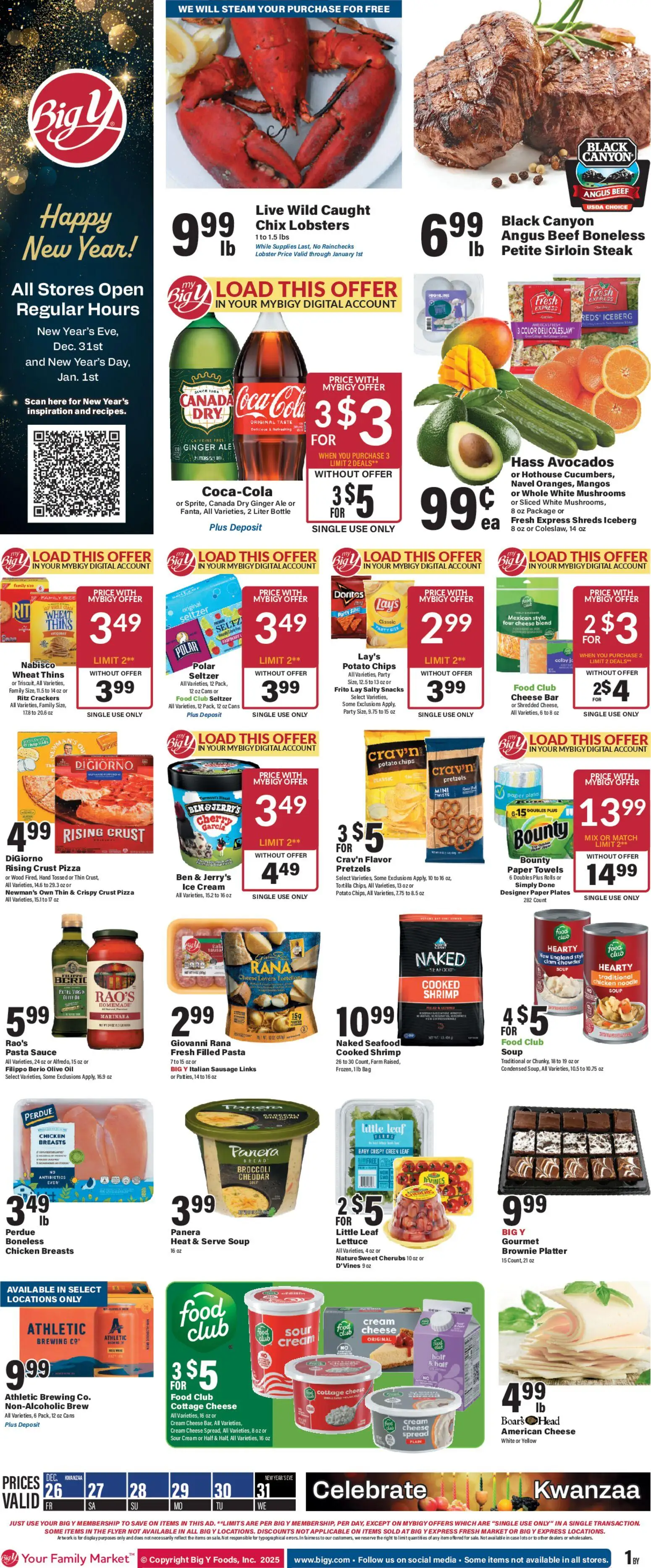 Big Y Weekly Ad - valid from 26.12.2025 | Page: 1 | Products: Ginger, Cheese, Bread, Pizza