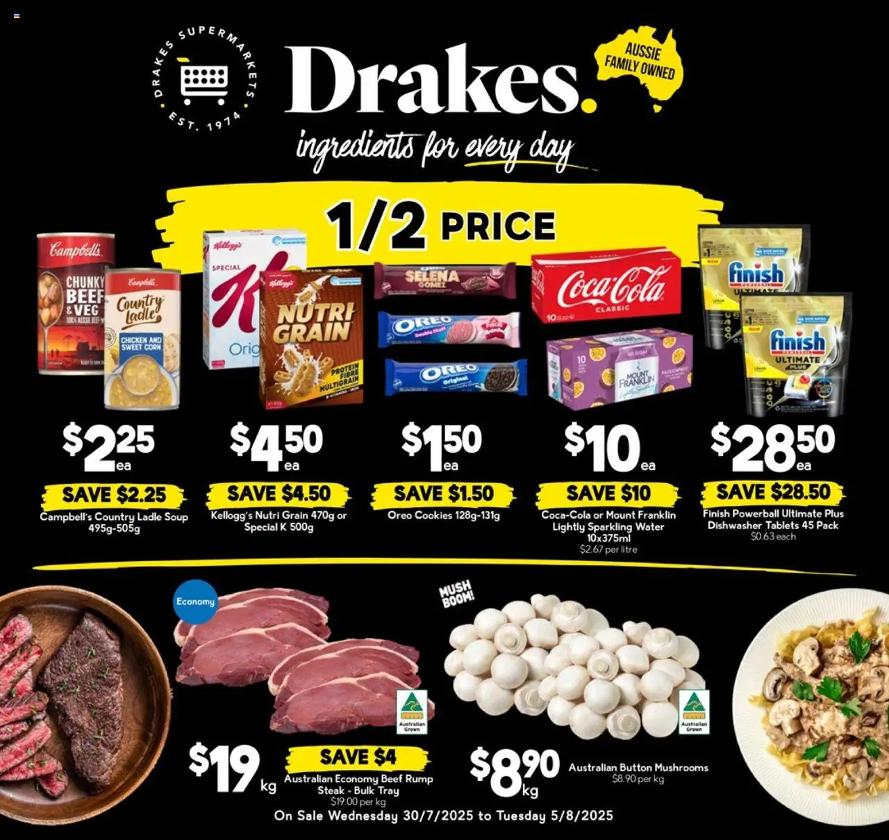 Drakes catalogue - valid from 30.07.2025 | Page: 1 | Products: Mushrooms, Beef, Water, Steak