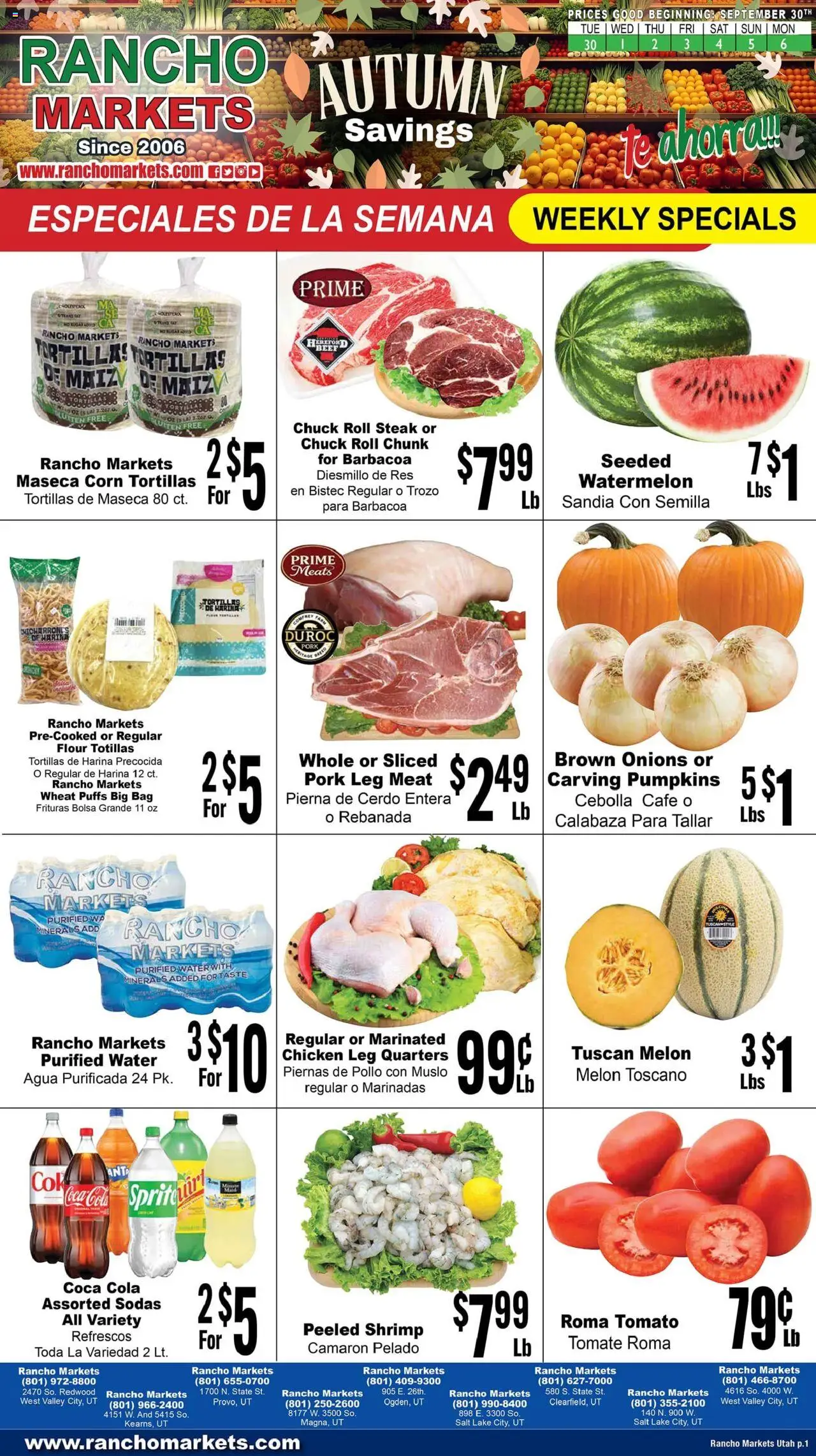 Rancho Markets Weekly Ad - valid from 30.09.2025 | Page: 1 | Products: Pork, Salt, Watermelon, Bag