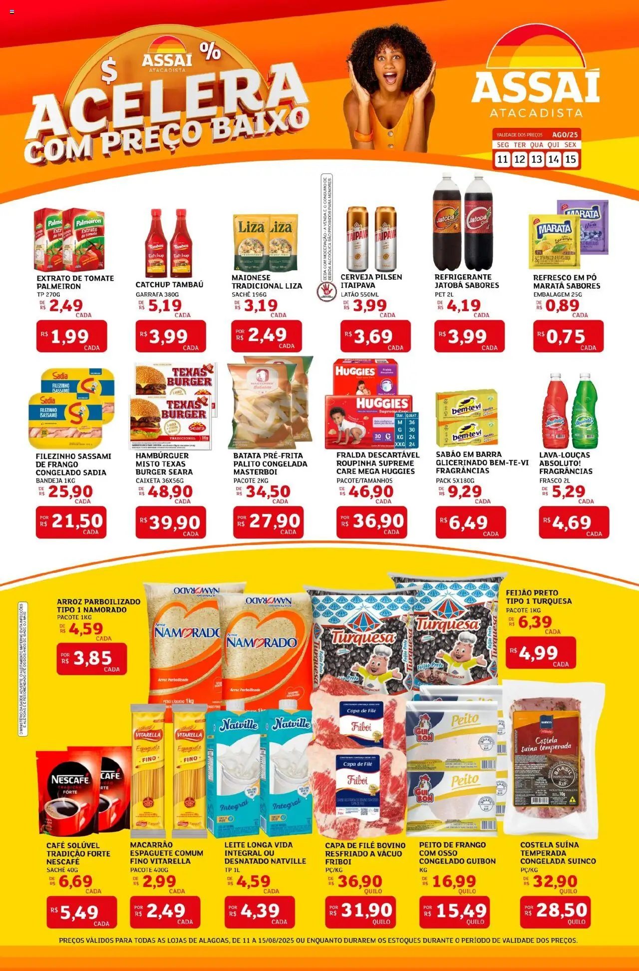 Assaí Atacadista Folheto - válido de 11.08.2025 | Página: 1 | Produtos: Feijão, Arroz, Carne, Hambúrguer