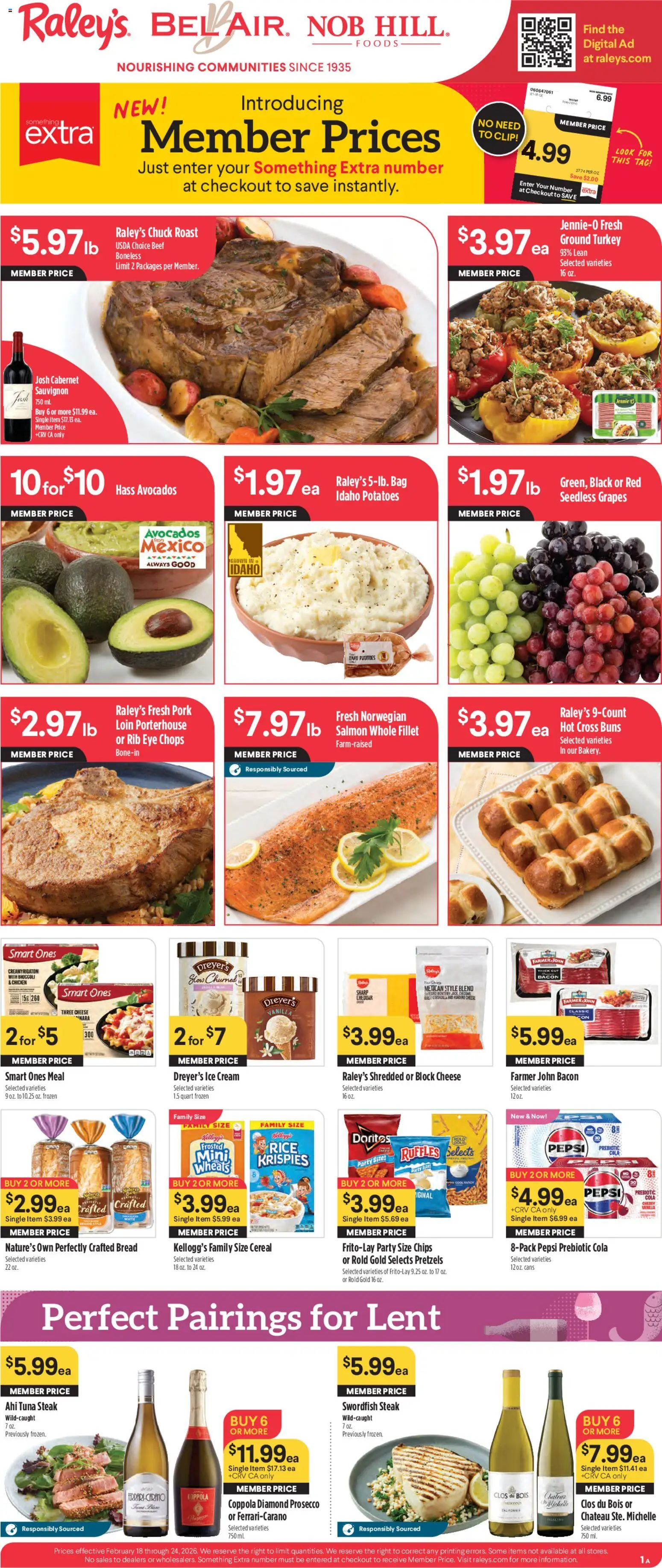 Raley's Weekly Ad - valid from 18.02.2026 | Page: 1 | Products: Broccoli, Rice, Beef, Ice cream