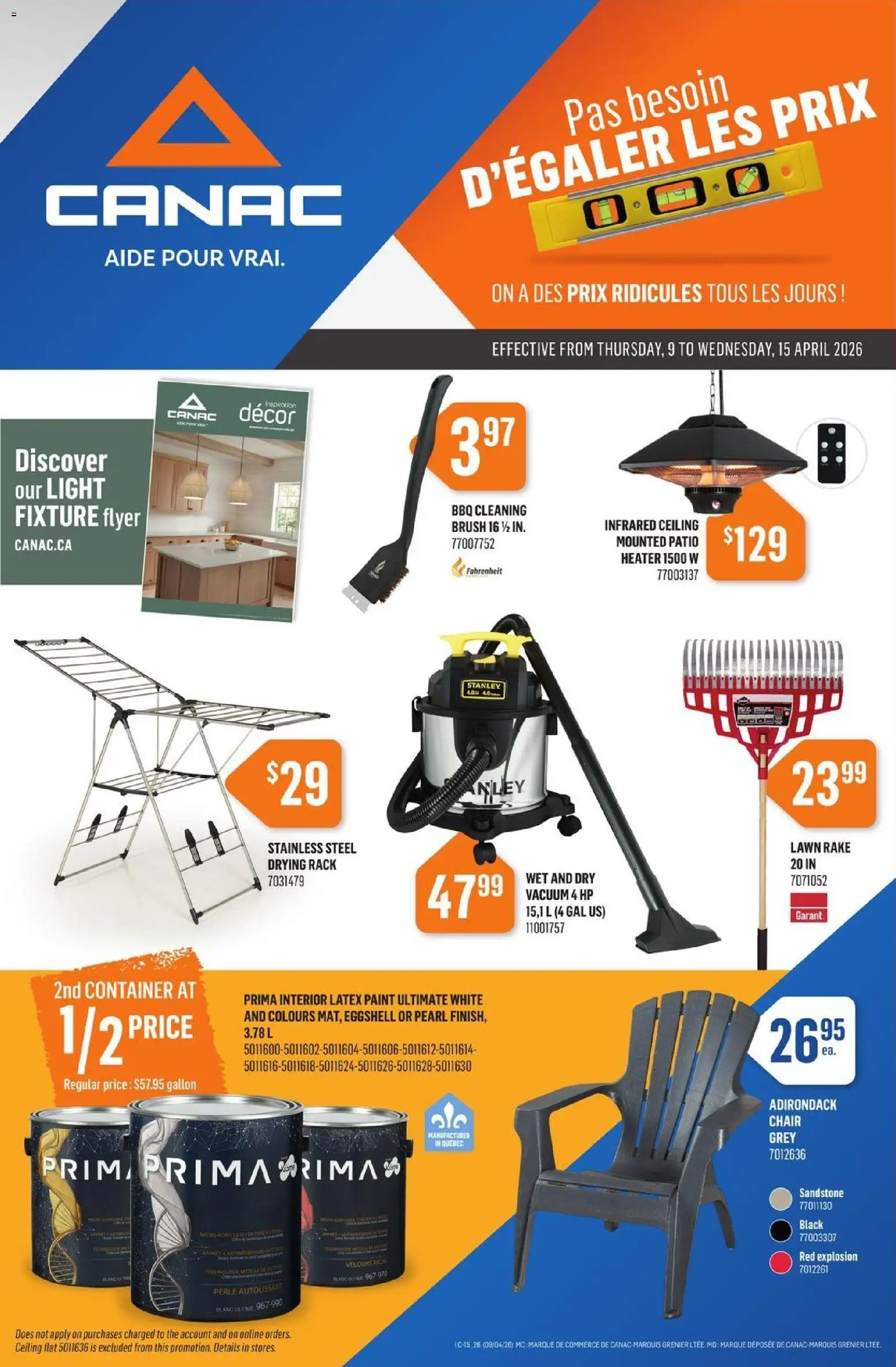 Canac flyer valid from 09.04.2026 | Page: 1 | Products: Brush, Chair