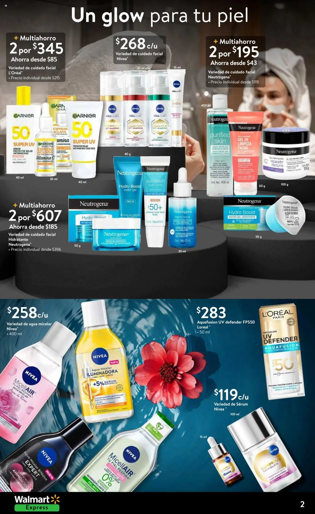 Nuevas ofertas de Walmart Express válidas en toda la República Mexicana desde el 17.09.2025. ¡Encuentra las mejores ofertas en Walmart Express - Folleto - Dale a tu piel el glow! | Página: 2 | Productos: Serum, Agua, Desmaquillante, Protector solar