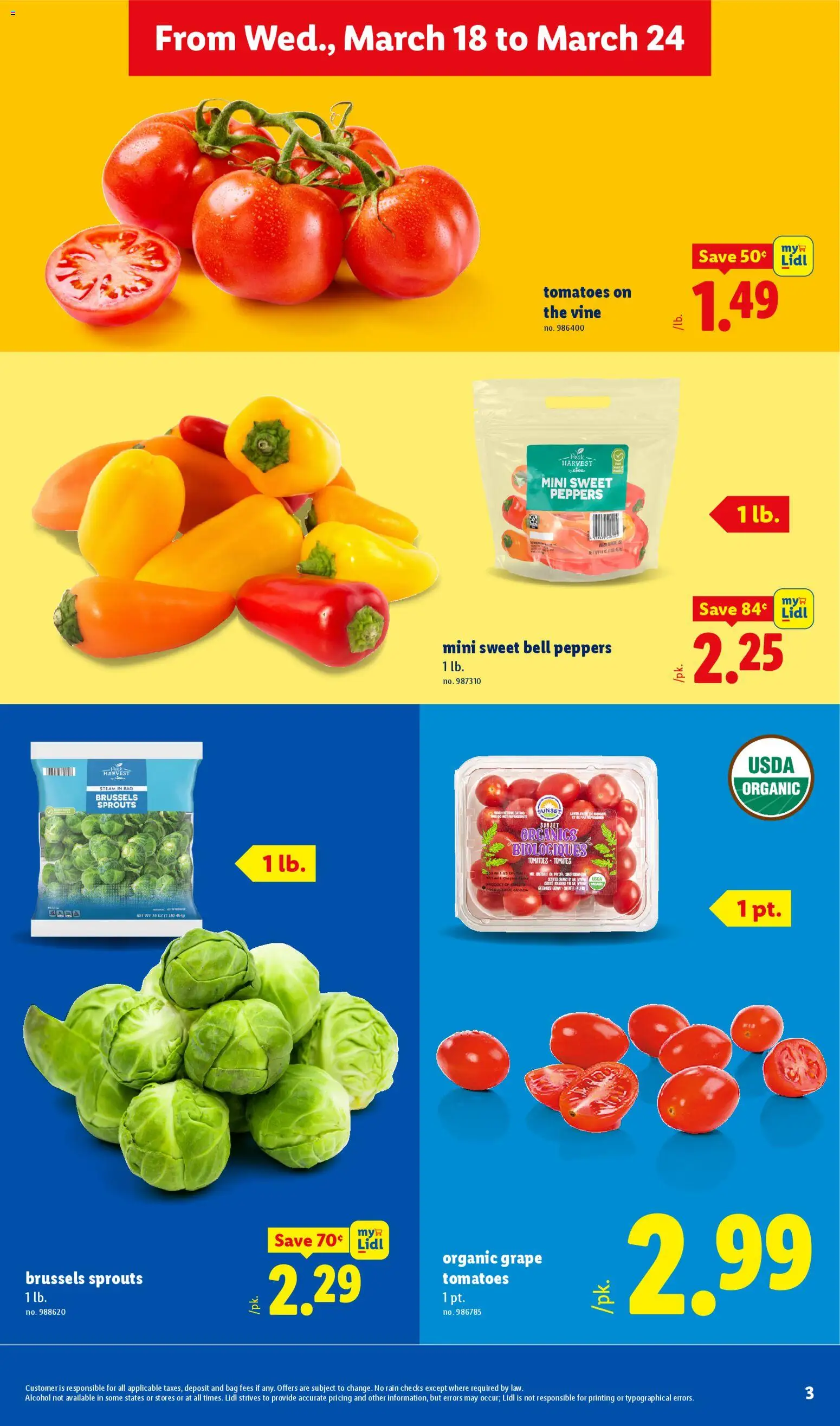 Lidl Weekly Ad - valid from 18.03.2026 | Page: 3 | Products: Peppers, Brussels Sprouts, Tomatoes, Bag