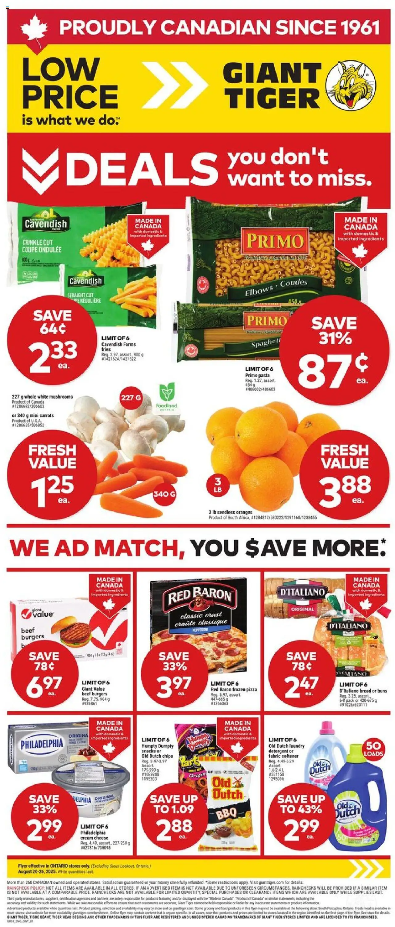 Giant Tiger flyer valid from 20.08.2025 | Page: 1 | Products: Chips, Cheese, Bread, Oranges