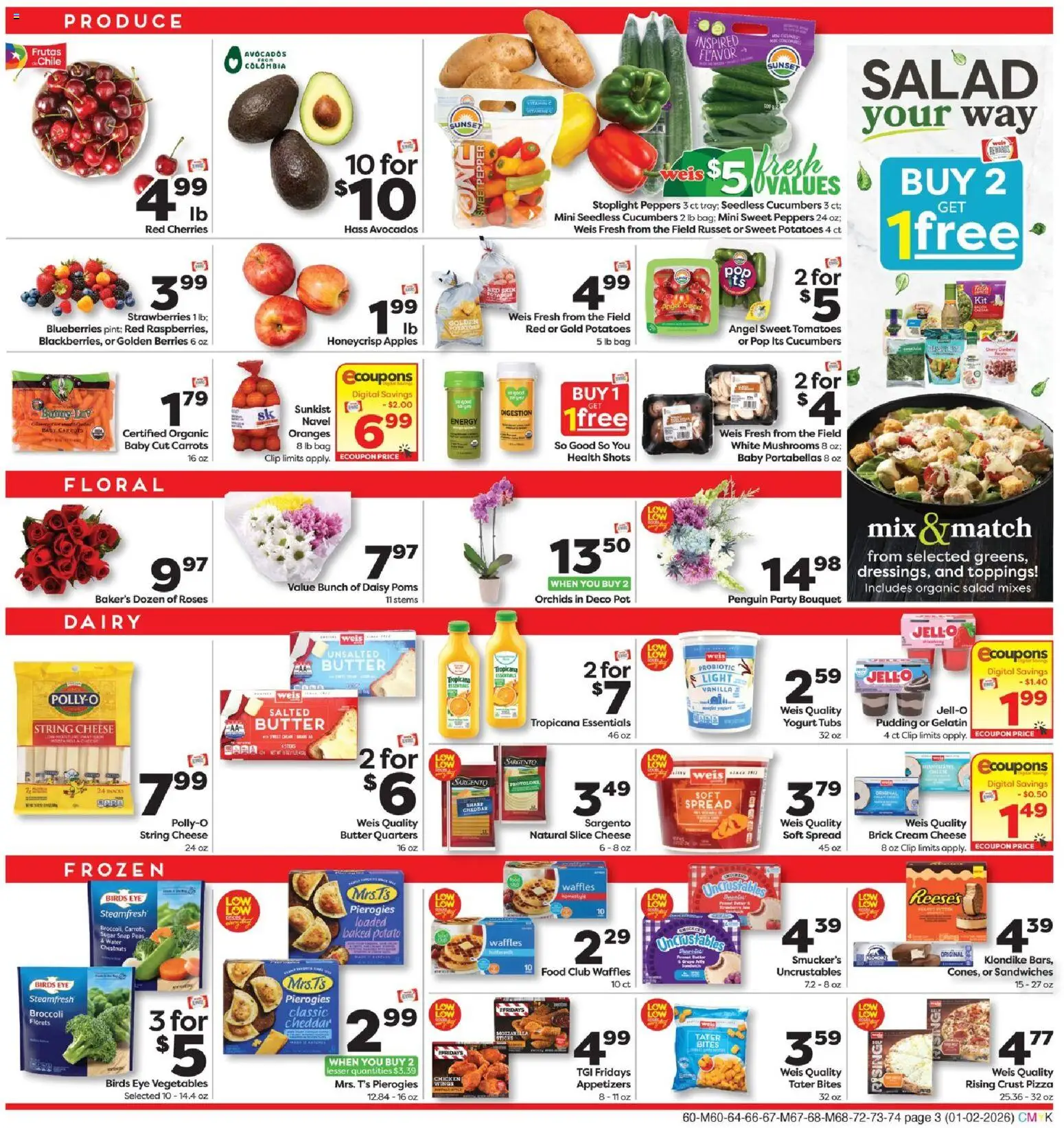 Weis Weekly Circular - NY - valid from 02.01.2026 | Page: 3 | Products: Cherries, Yogurt, Blueberries, Bag