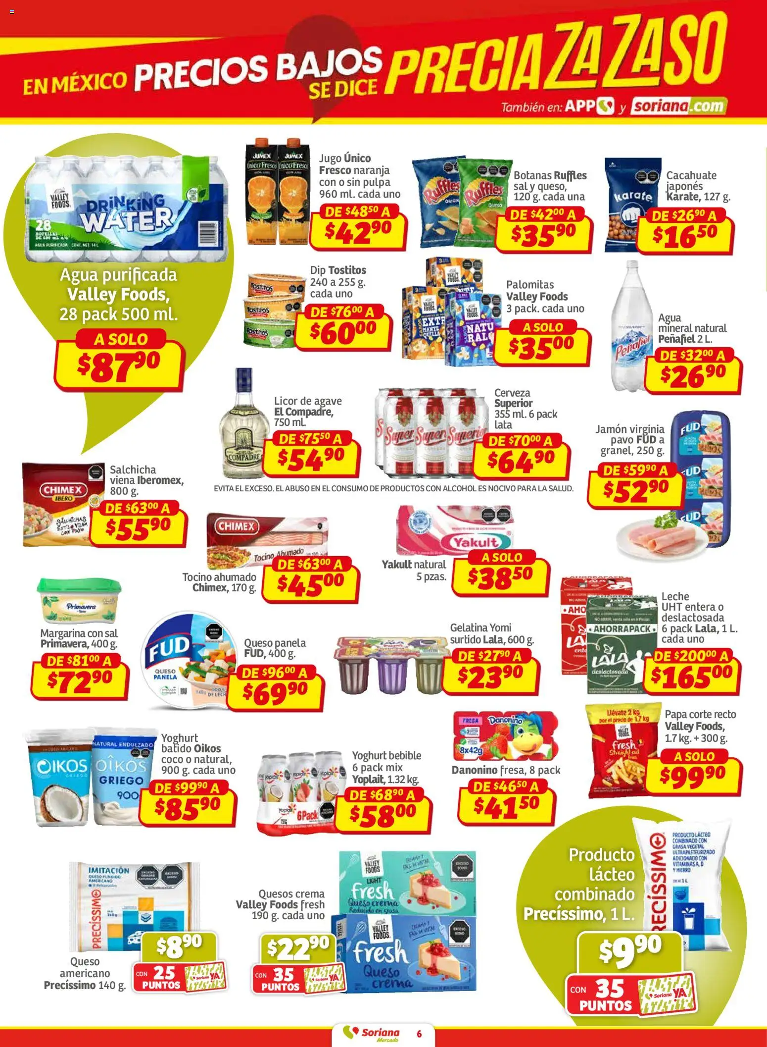 Nuevas ofertas de Soriana válidas en toda la República Mexicana desde el 15.01.2026. ¡Encuentra las mejores ofertas en Soriana - Pesito Valedor Mercado: Camp, Chia, Oax, Q. Roo, Tab, Yuc! | Página: 6 | Productos: Queso crema, Cacahuate, Queso, Jamón