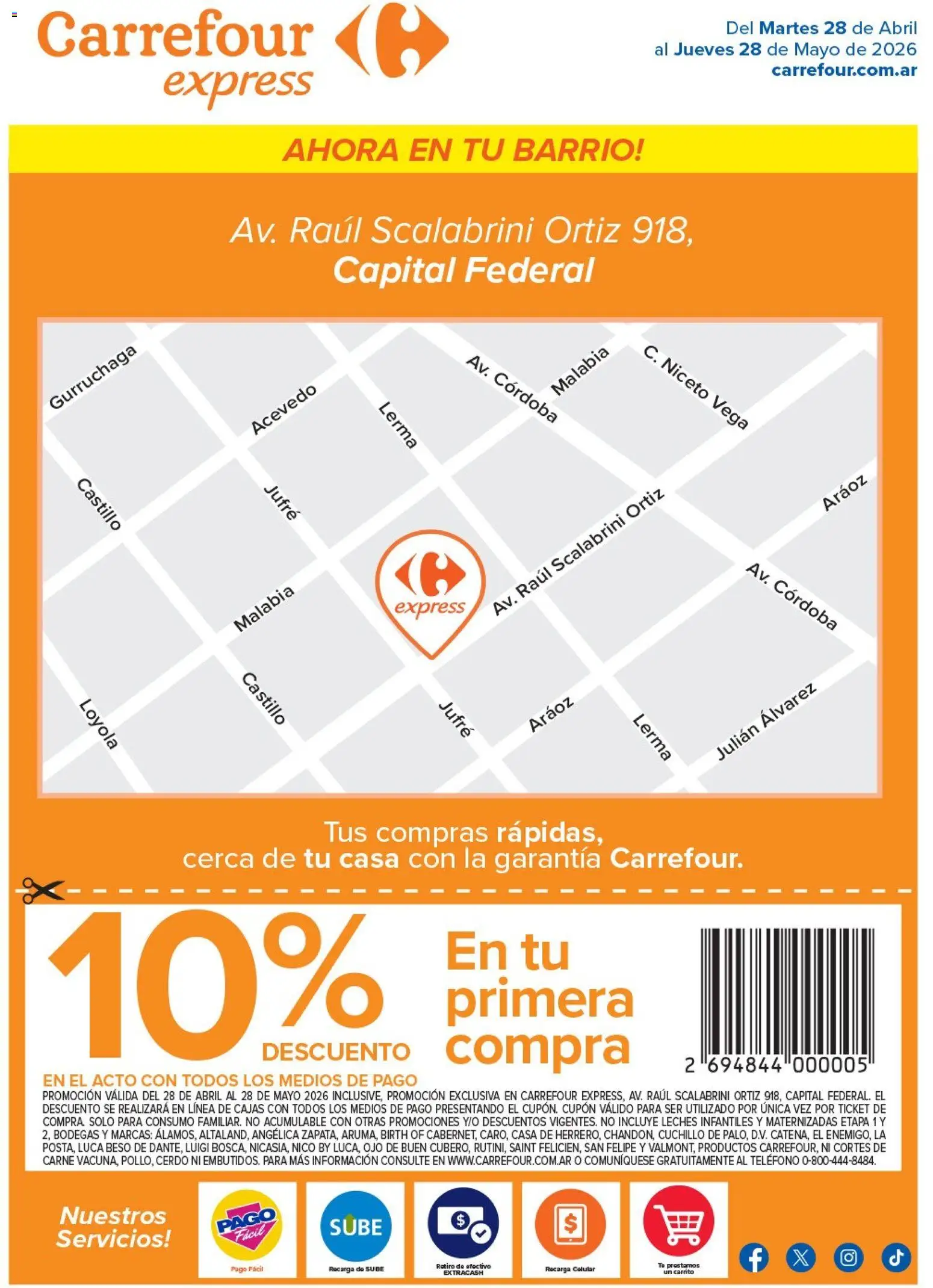 Carrefour - Express | Av. Raúl Scalabrini Ortiz 918 CABA  │ válido desde el 28.04.2026 | Página: 1 | Productos: Teléfono, Cuchillo, Cerdo