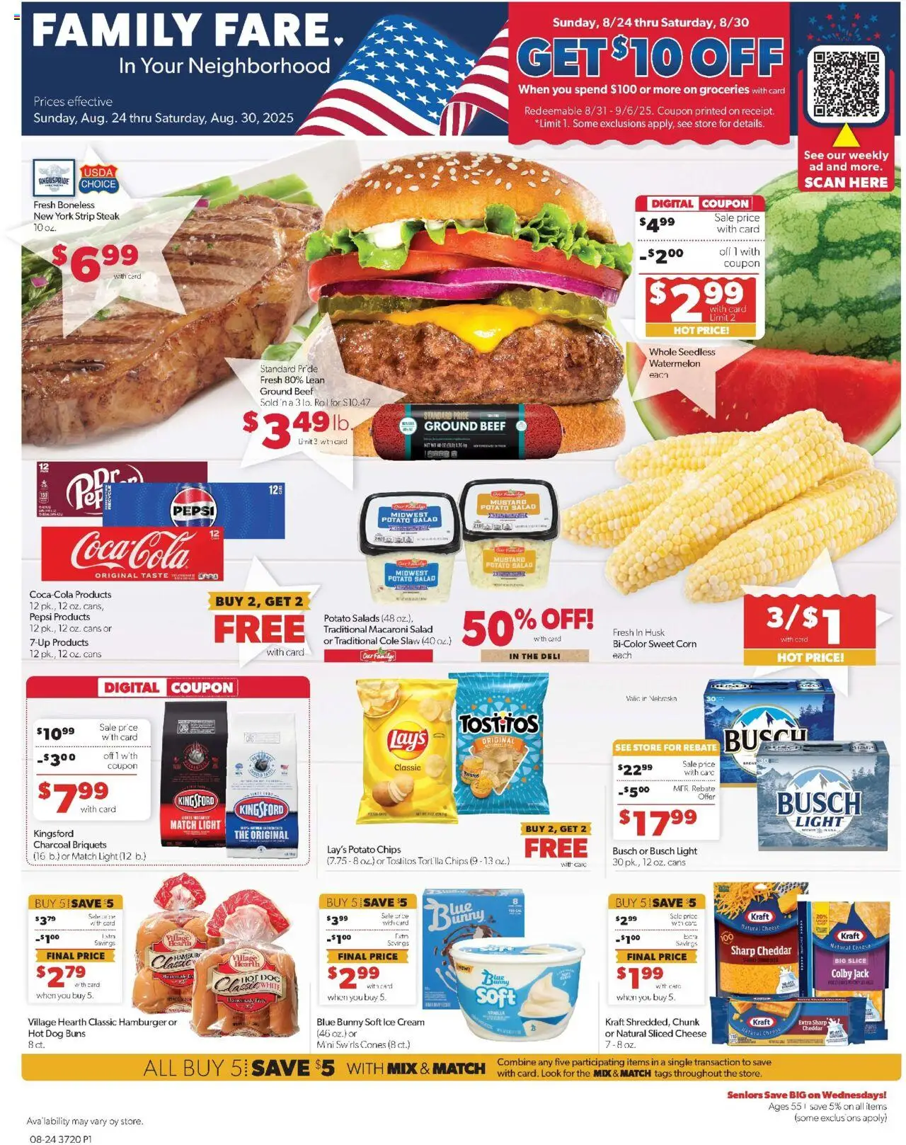 Family Fare Weekly Ad - NE - valid from 24.08.2025 | Page: 1 | Products: Corn, Cheese, Beef, Salad