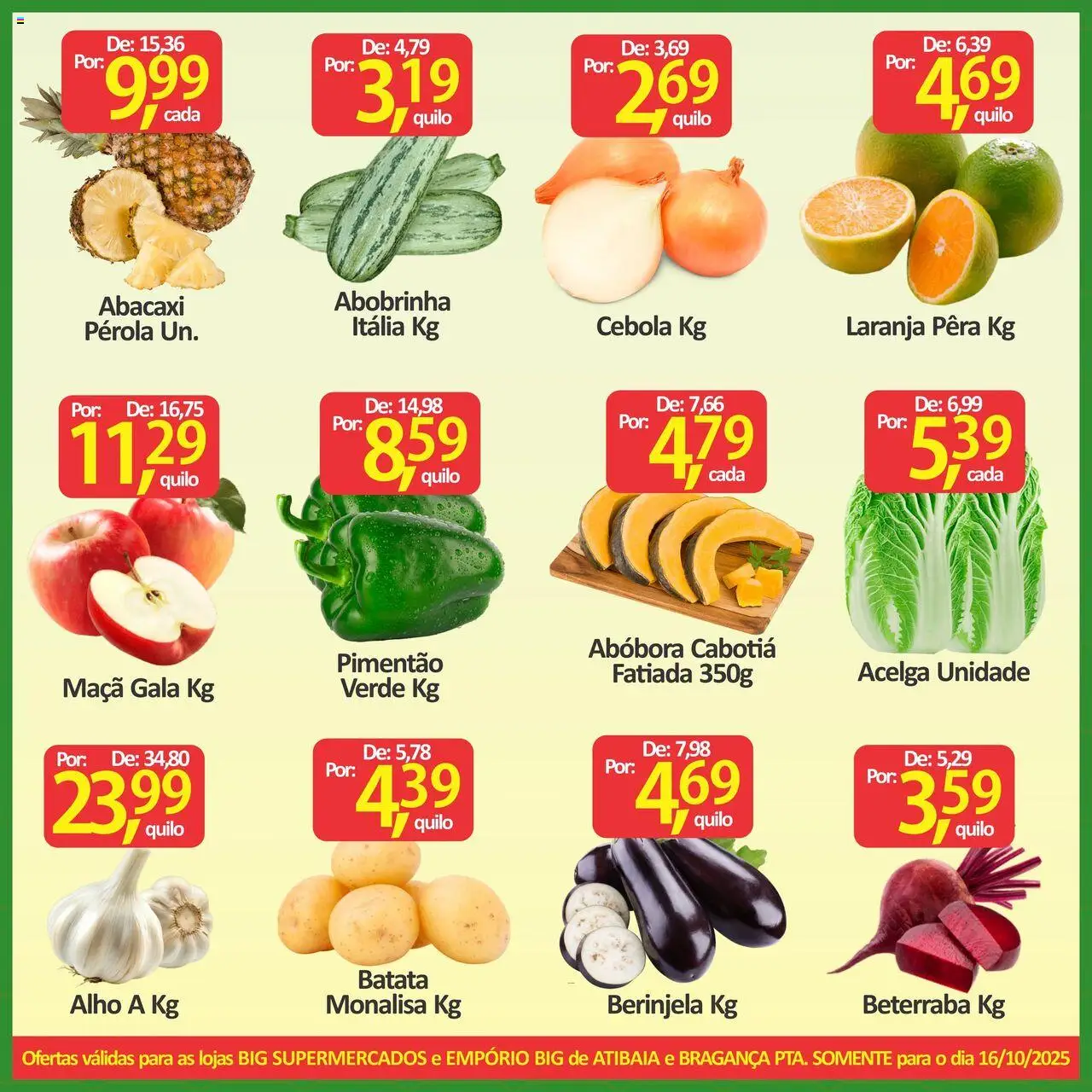 Big Supermercados Folheto - válido de 16.10.2025 | Página: 2 | Produtos: Berinjela, Cebola, Pimentão, Abacaxi