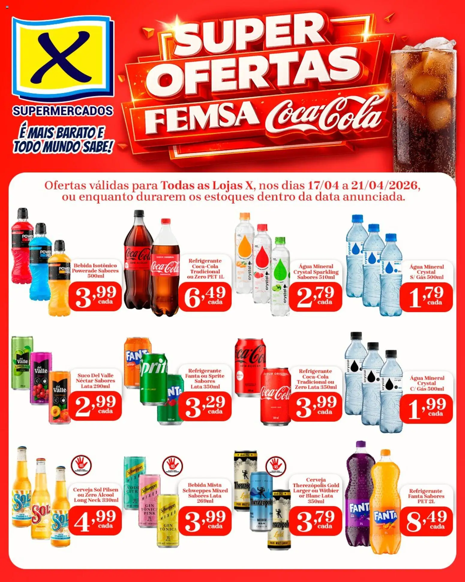 X Supermercados Folheto - válido de 17.04.2026 | Página: 1 | Produtos: Cola, Bebida, Água mineral, Isotônico