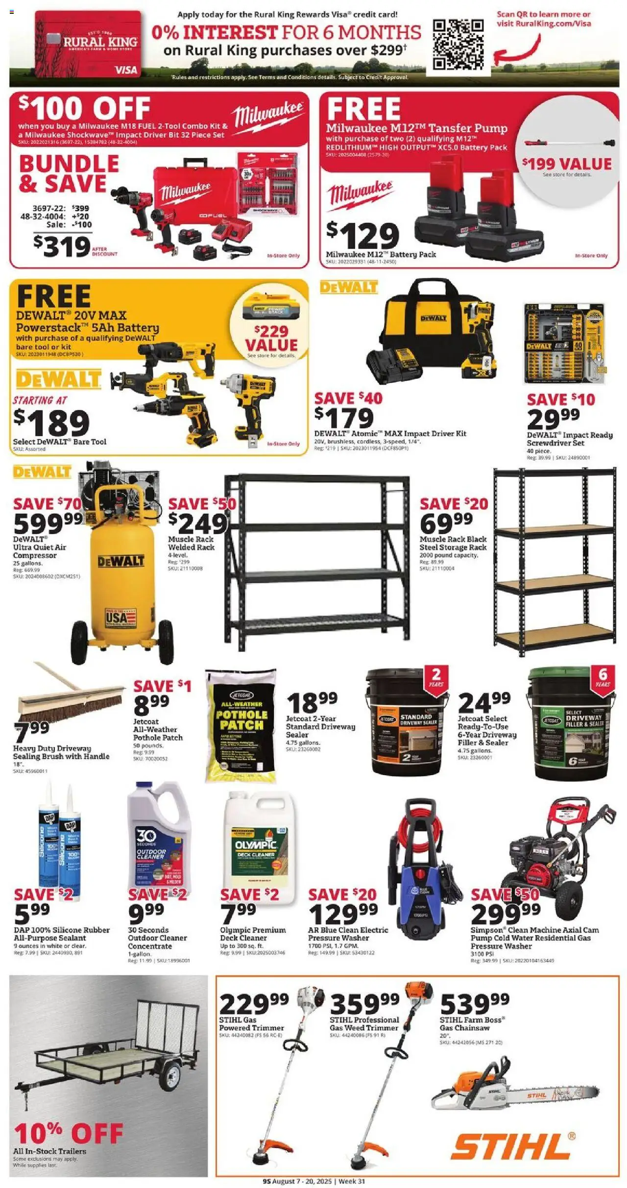 Rural King Weekly Ad - valid from 07.08.2025 | Page: 9 | Products: Sealant, Pump, Battery, Chainsaw