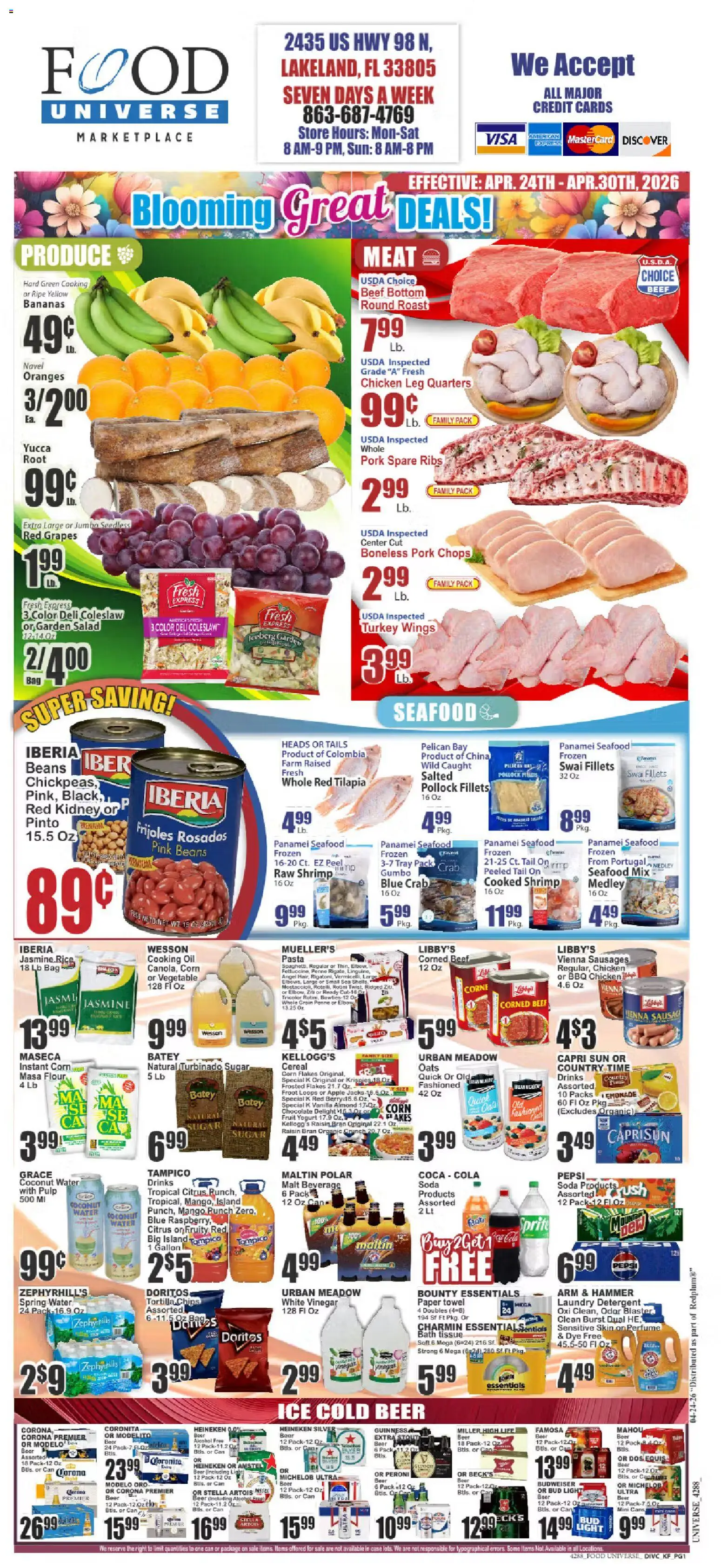 Food Universe Weekly Ad - valid from 24.04.2026 | Page: 1 | Products: Flakes, Sugar, Grapes, Bag