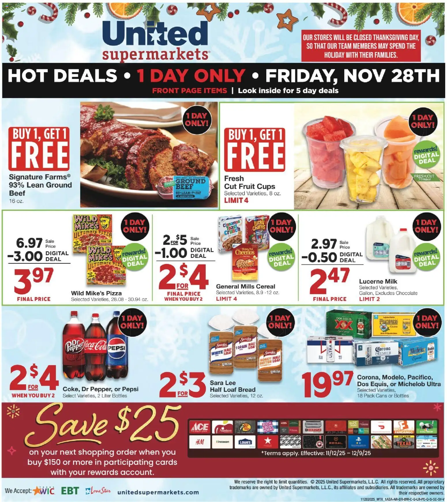 United Supermarkets Weekly Ad - valid from 28.11.2025 | Page: 1 | Products: Bath, Milk, Chocolate, Pepper