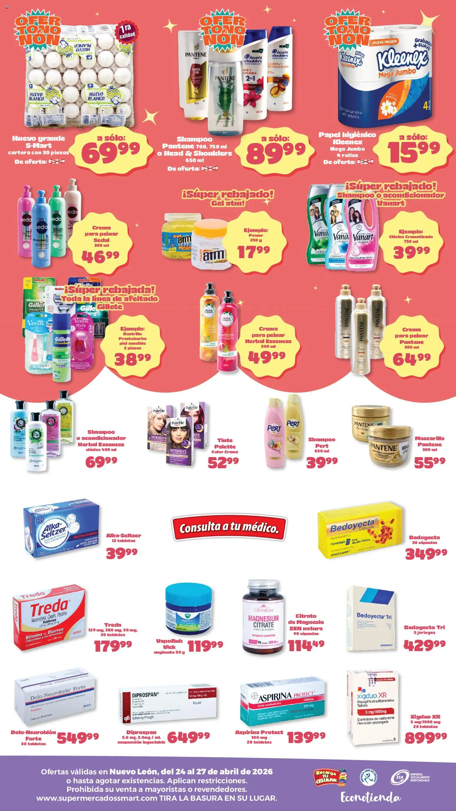 Nuevas ofertas de S-Mart válidas en toda la República Mexicana desde el 24.04.2026. ¡Encuentra las mejores ofertas en S-Mart folleto Ofertas de feria Monterrey! | Página: 2 | Productos: Rastrillo, Huevo, Cava, Acondicionador