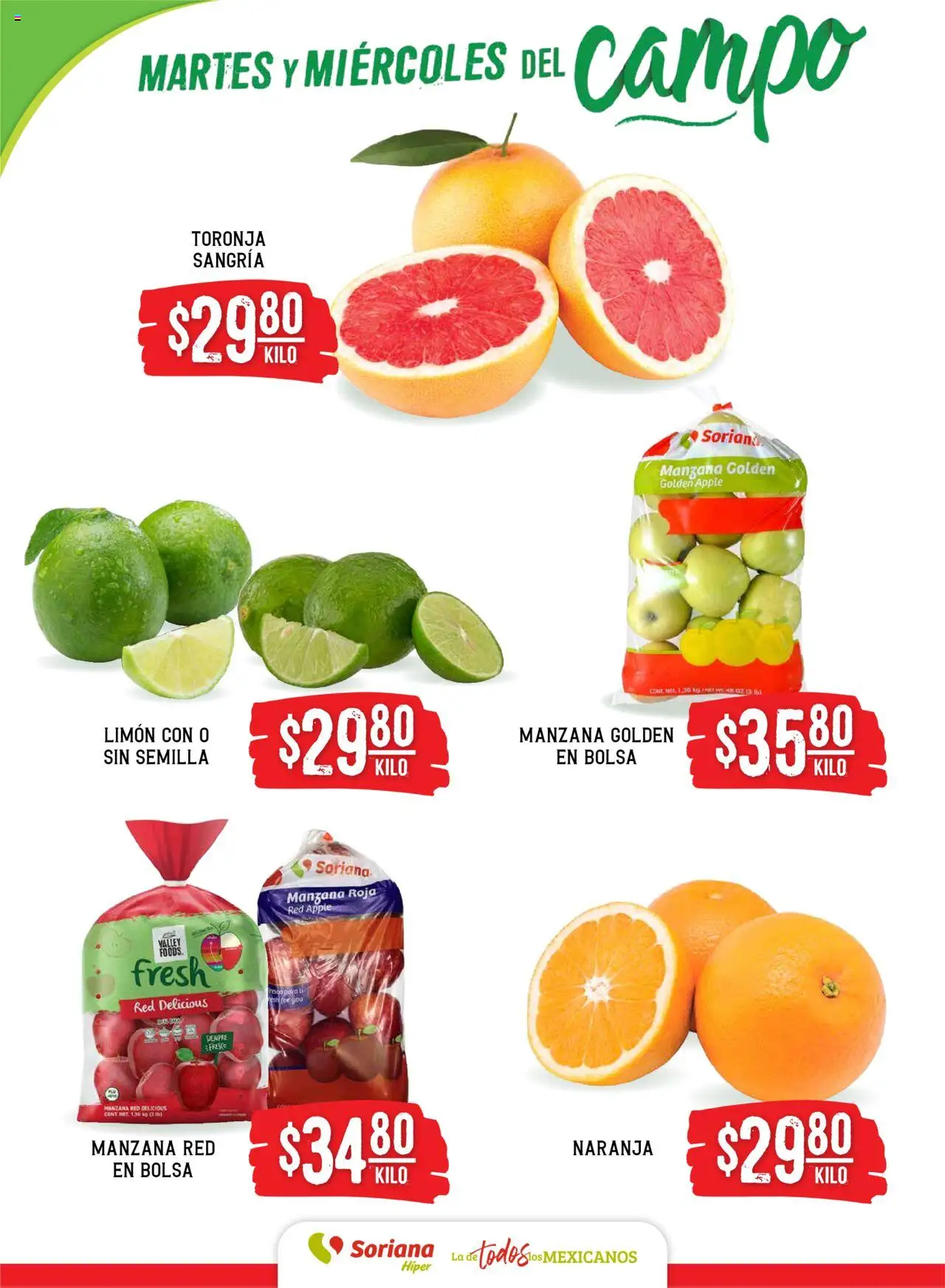 Nuevas ofertas de Soriana válidas en toda la República Mexicana desde el 26.08.2025. ¡Encuentra las mejores ofertas en Soriana folleto! | Página: 2 | Productos: Bolsa, Manzana, Limón, Toronja