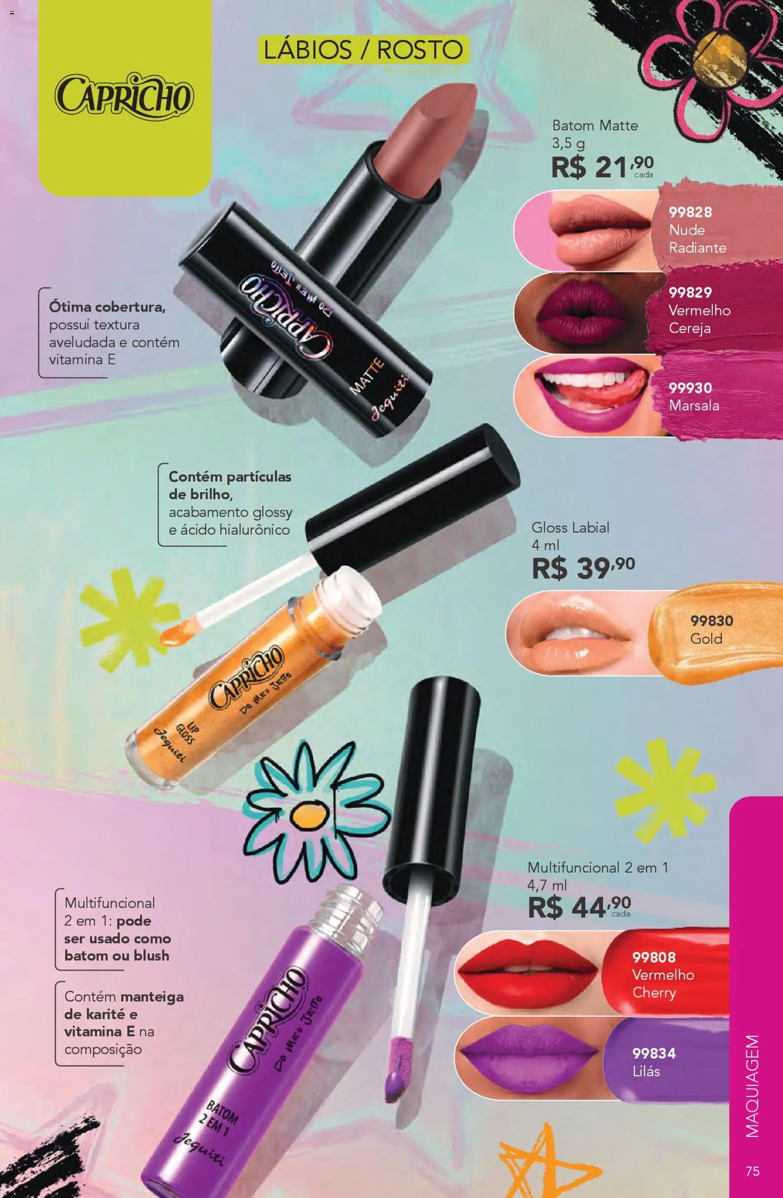 Jequiti Folheto - válido de 11.11.2025 | Página: 75 | Produtos: Maquiagem, Blush, Gloss labial, Multifuncional