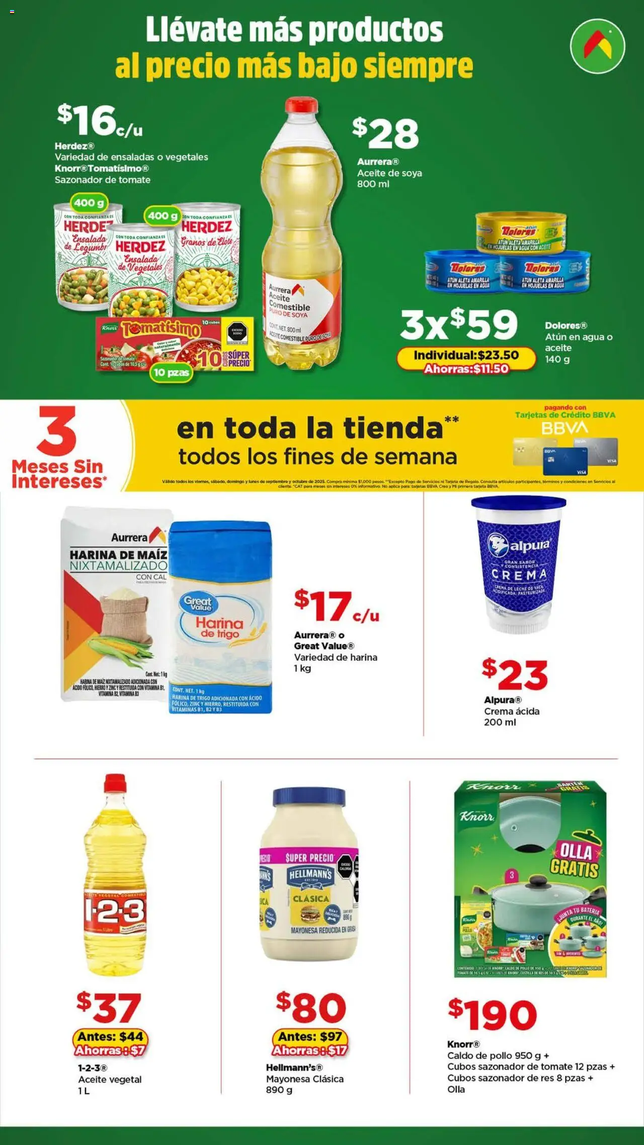 Nuevas ofertas de Bodega Aurrerá válidas en toda la República Mexicana desde el 17.09.2025. ¡Encuentra las mejores ofertas en Bodega Aurrerá - Folleto Aquí si te Alcanza! | Página: 4 | Productos: Harina, Mayonesa, Crema, Leche