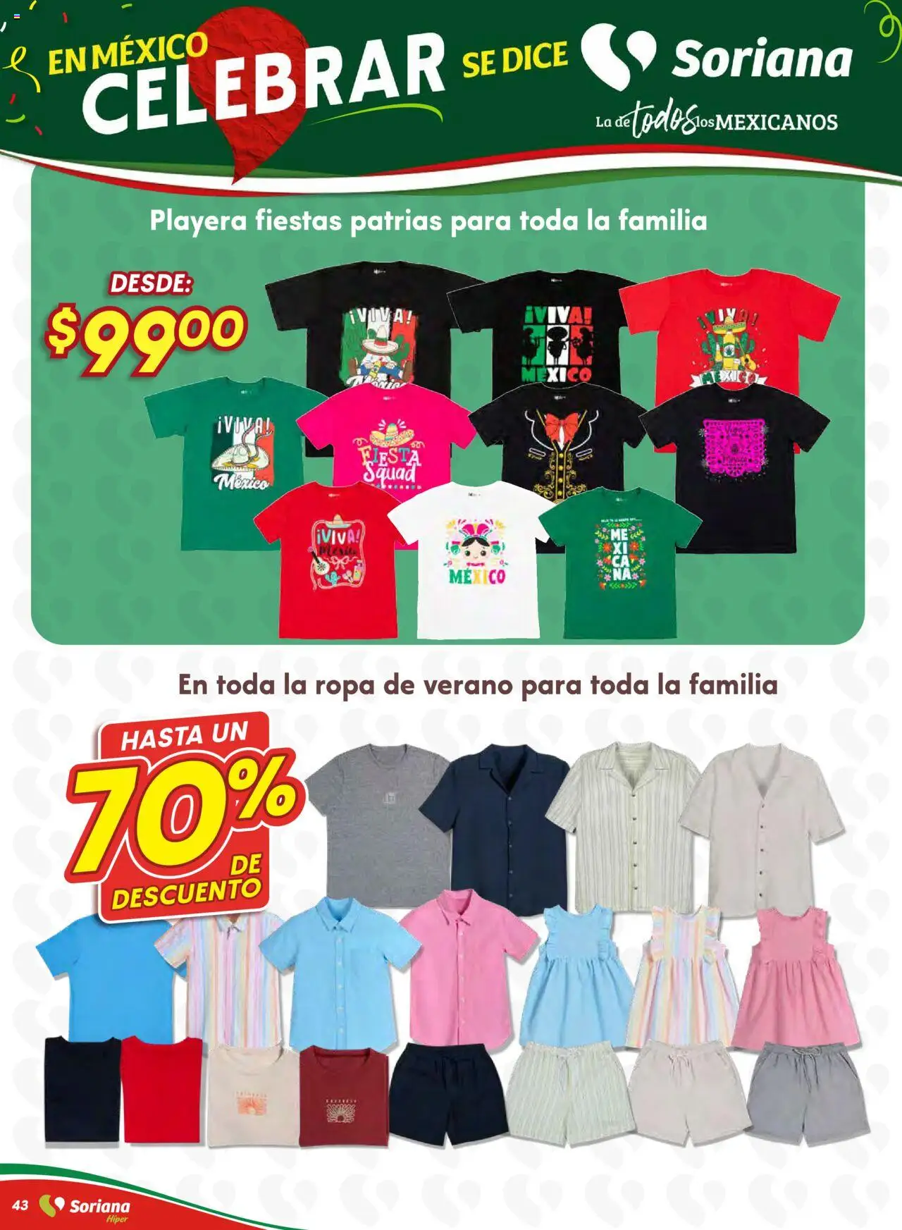 Nuevas ofertas de Soriana válidas en toda la República Mexicana desde el 28.08.2025. ¡Encuentra las mejores ofertas en Soriana - Preciazazaso Híper: Chih, Coah, Dur, NL, SLP, Tamps, Zac! | Página: 43 | Productos: Ropa, Playera