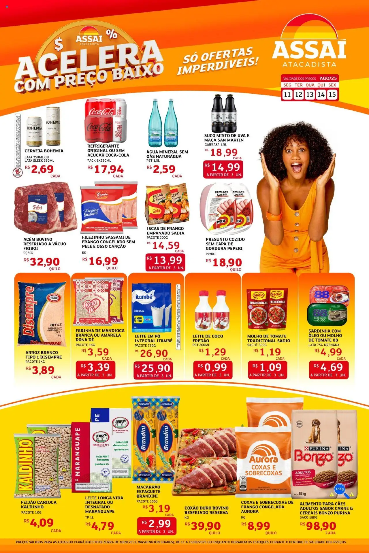 Assaí Atacadista Folheto - válido de 11.08.2025 | Página: 1 | Produtos: Mandioca, Presunto, Arroz, Carne